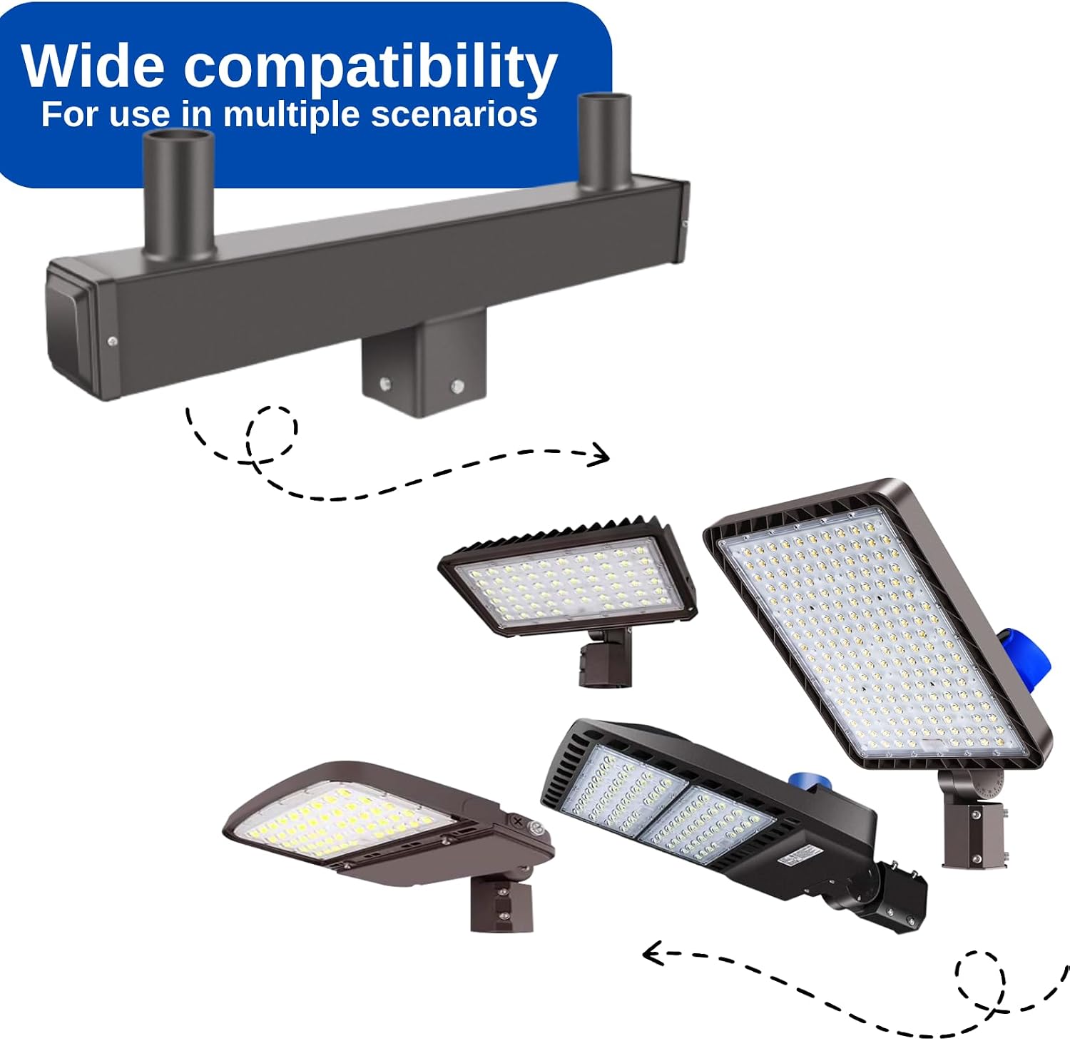 ledmo Square Double Bullhorn Tenon Adaptor, 2 3/8 in Top Mounting Bracket for 2 Lights, Square Pole Mounting Arm for Street Pole Light Fixture