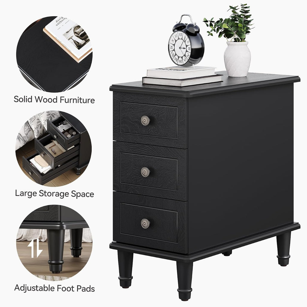 LITTLE TREE Fully Assembled End Table, Narrow Bedside Table with 3 Drawers, Vintage Nightstand for Small Spaces, Living Room, Bedroom, Black