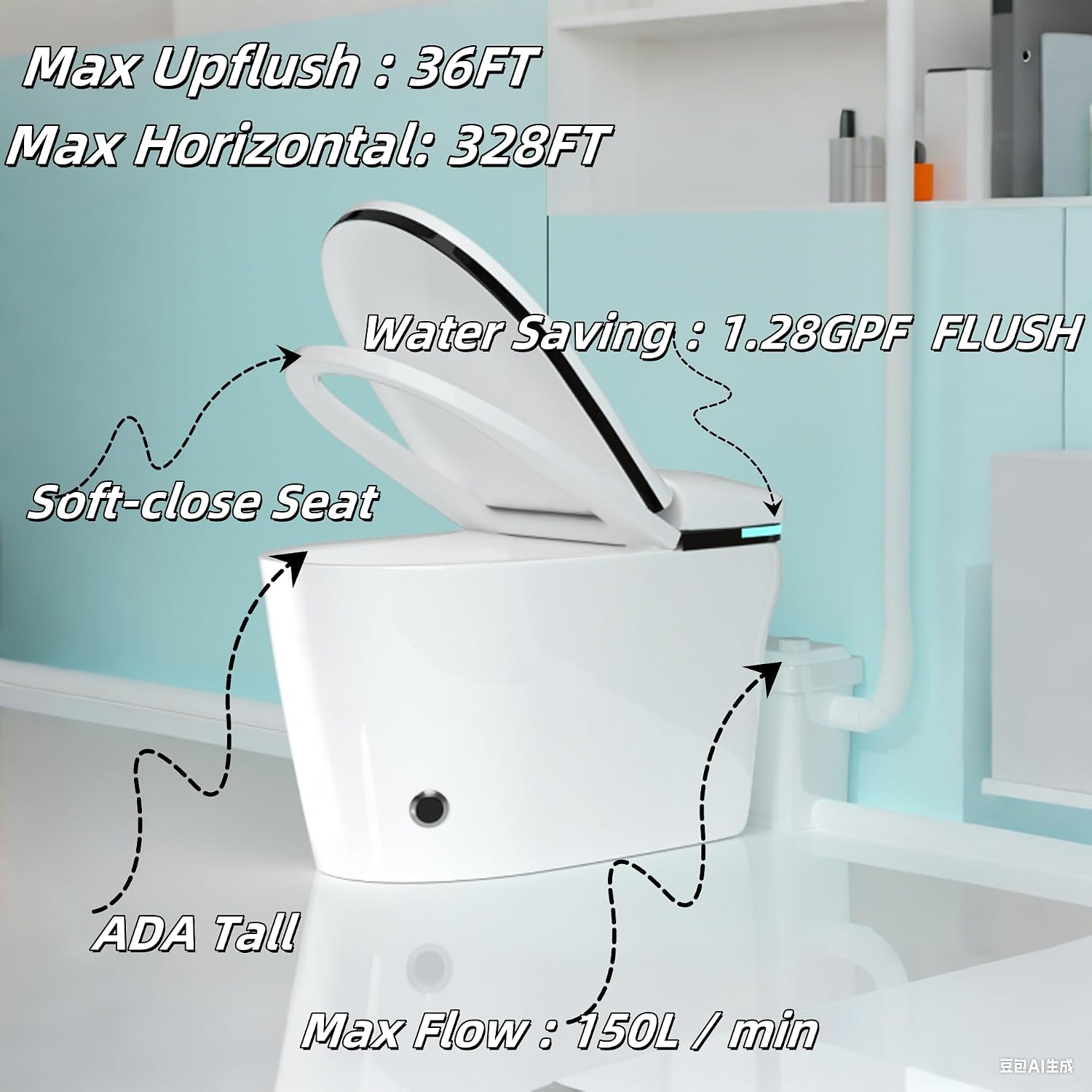 SouNor 750W Macerating Upflush Smart Toilet with Pump System for Basement,Toilets with Bidet 3-Water-inlet [ADA Tall], [Dual Flush] for Sink, Toilet, Bathtub, [750 Watt]