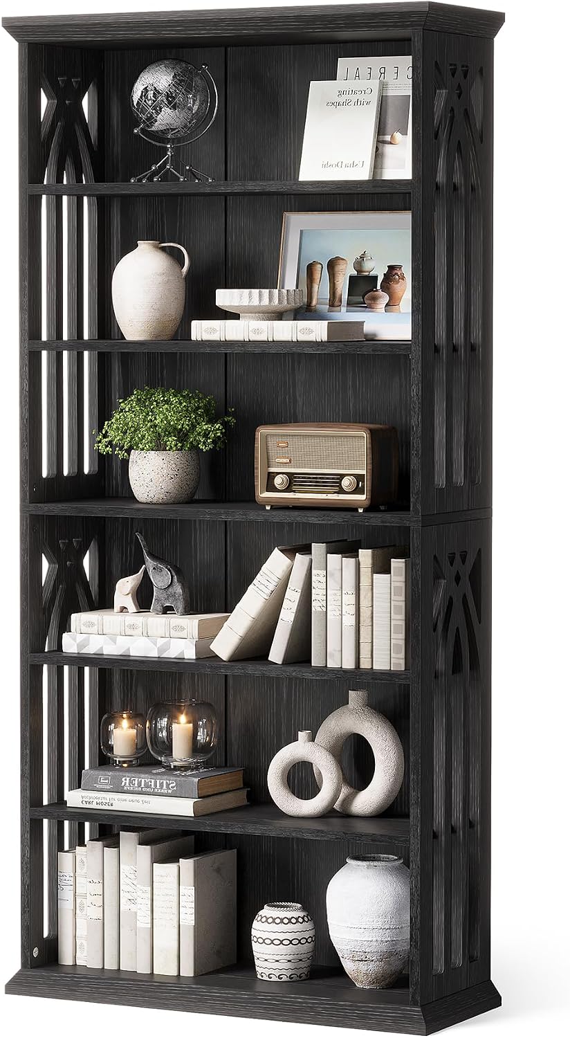 LITTLE TREE 6-Tier Bookcase, Set of 2 Farmhouse Bookshelves and Bookcases, 75-Inch Floor Standing 6 Shelf Wooden Display Storage Shelves Tall Bookcase for Home Office, Living Room, Bed Room, Black