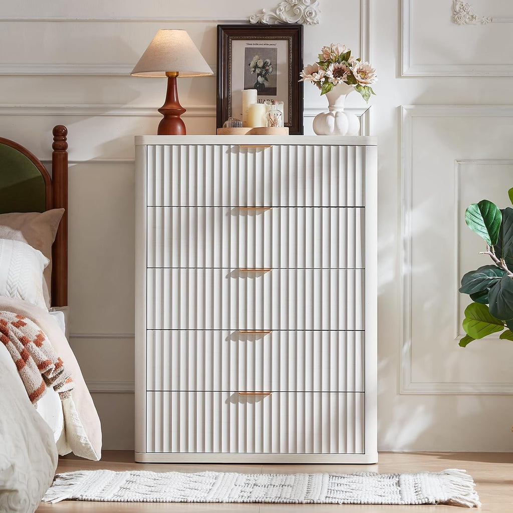 LEYAOYAO Fluted 5 Drawers Dresser for Bedroom, 41' Tall Modern Chest of Drawers with Metal Handle, Curved Profile Farmhouse Closet Organizer Wood Dressers TV Stand for Living Room,Antique White