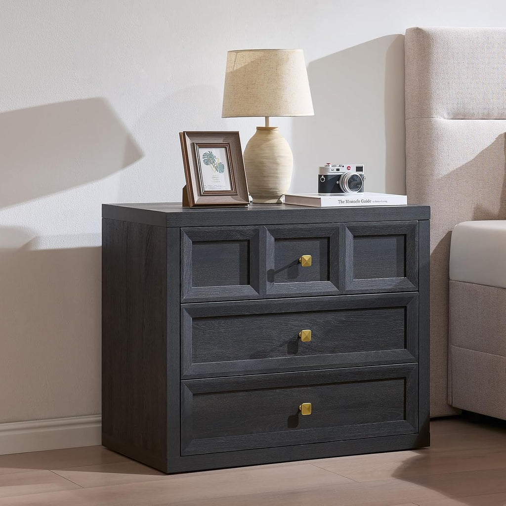 Nightstand Set of 2 W/Charging Station, 30.7' W King Size Bedside Table with 3 Drawers, Accent End Table W/Large Storage, Modern Wood Side Table for Bedroom, Dark Grey