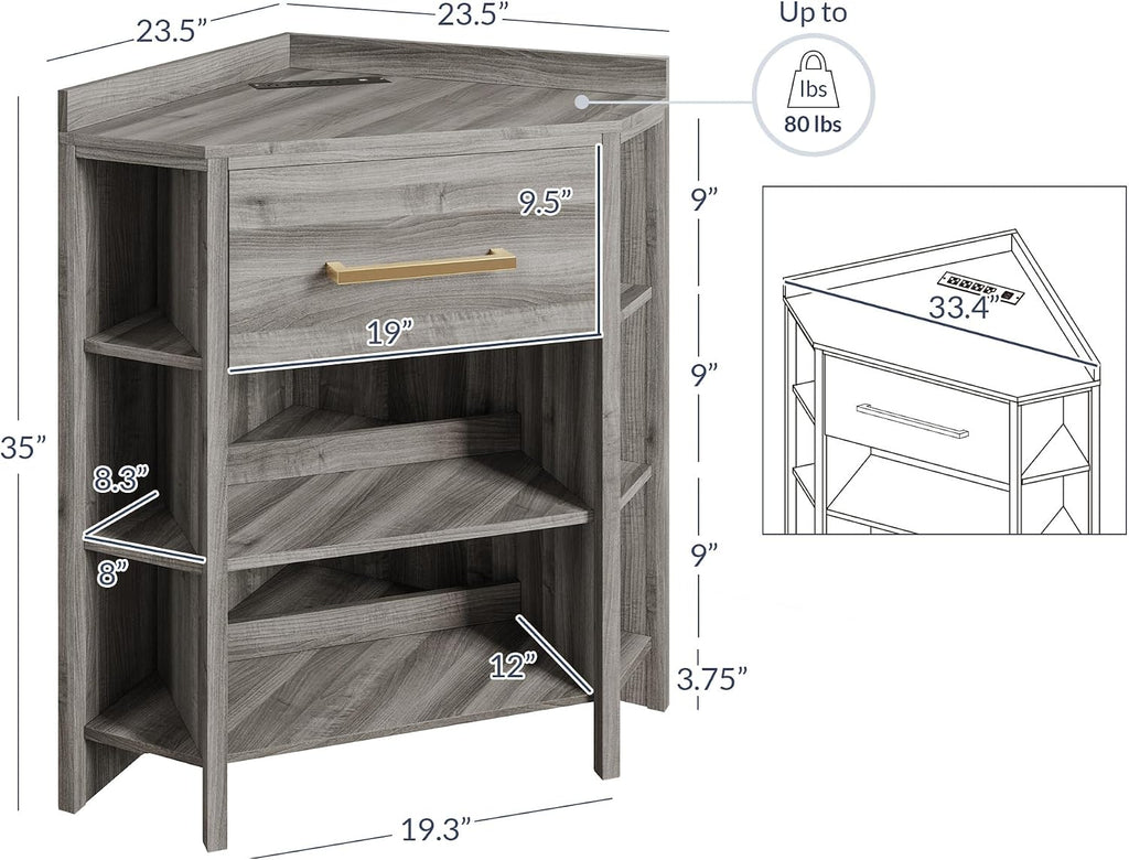 BELLEZE Corner Cabinet with Ultra-Fast USB Type A/C Outlet, Corner Table with 1 Storage Drawer and 8 Shelves, Store and Organize Home Furniture for Bedroom, Living Room Small Space - Sonoma (Gray)