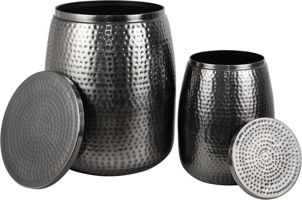 happimess SSL2002B-2SET Merida Modern Rustic 2-Piece Hammered Metal Drum Storage Side Tables with Lids, End Table for Decoration in Living Room, Bedroom, Bathroom, Antique Nickel