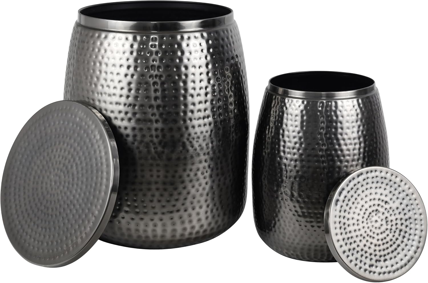 happimess SSL2002B-2SET Merida Modern Rustic 2-Piece Hammered Metal Drum Storage Side Tables with Lids, End Table for Decoration in Living Room, Bedroom, Bathroom, Antique Nickel