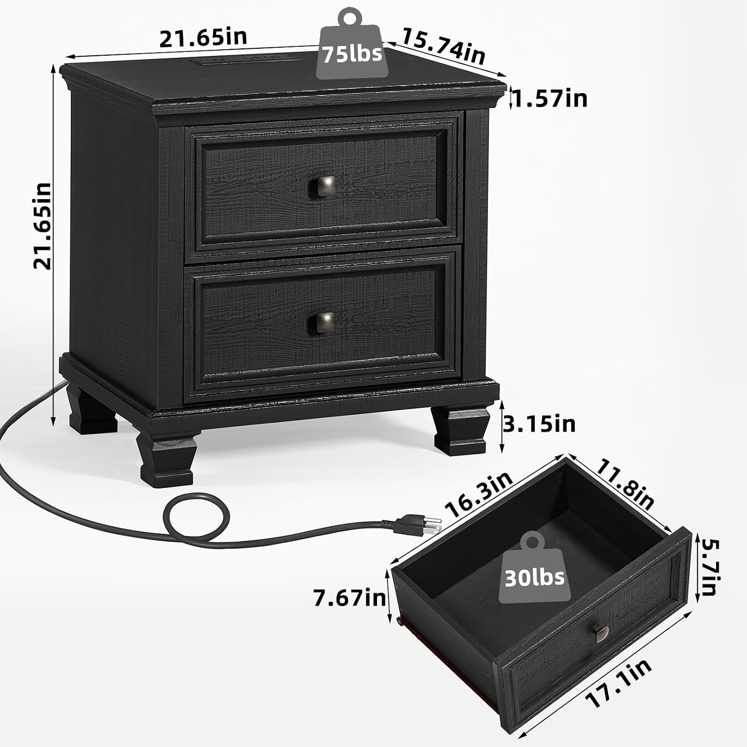 SAVOR LIFE Farmhouse Nightstand Set of 2, Rustic Low Nightstands with 2 Drawers & Charging Station, Vintage Night Stands with 4 Square Solid Wood Legs, Small Dresser for Bedroom, Home, Black