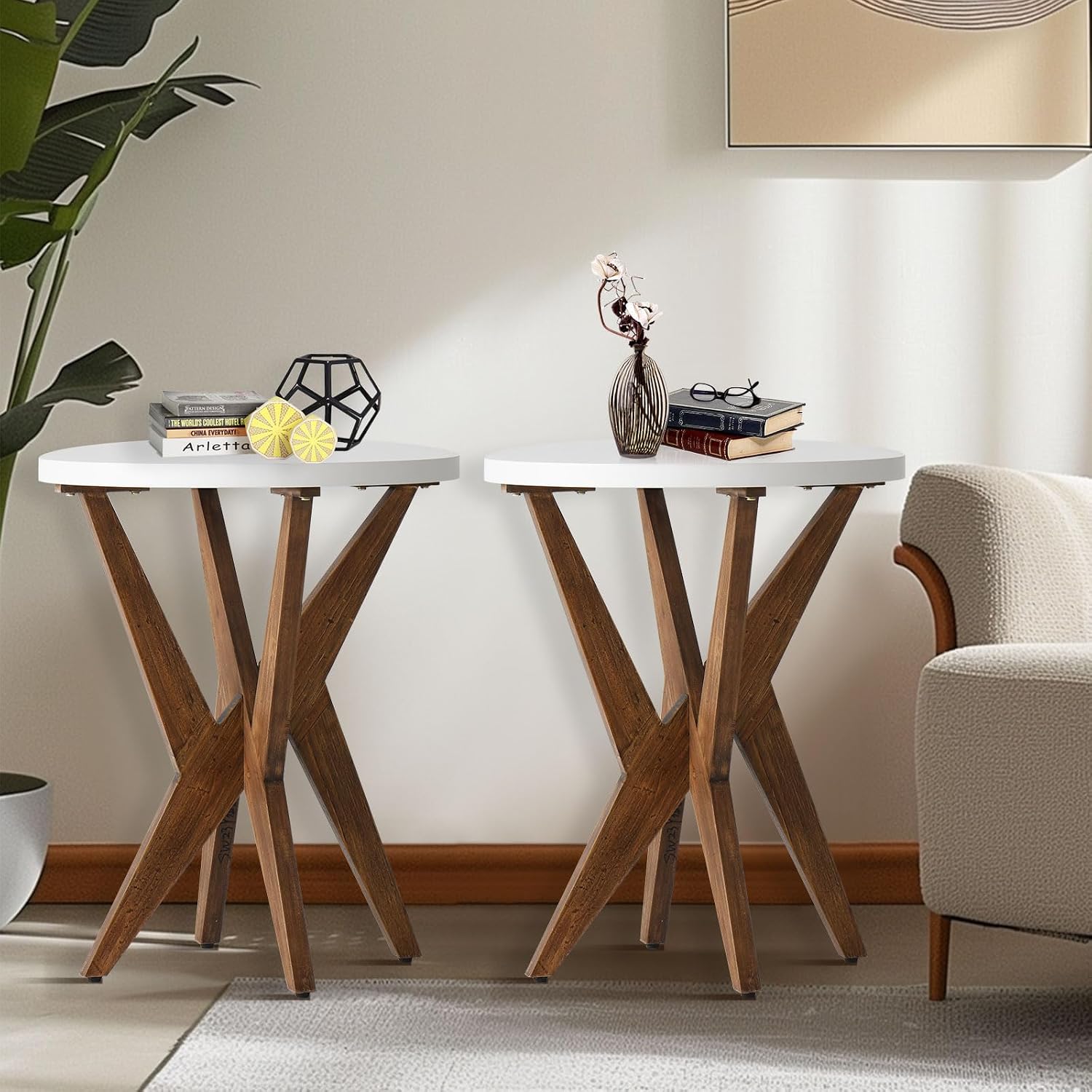 Ahokua Farmhouse Round End Table Set of 2 with MDF Top and Crossed Legs, Boho Small Side Table for Living Room, Balcony, Small Spaces, Easy Assembly Bedside Table