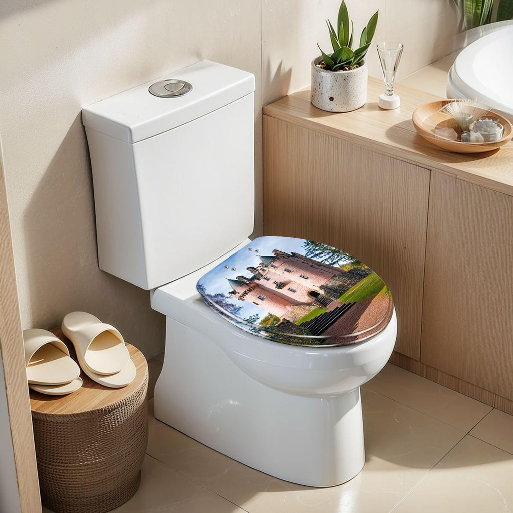 Elongated Toilet Seat Craigievar Castle Aberdeenshire Scotland Resin Toilet Seat Slow Quiet Close Lid with Quick-Release Hinges Cover Bumpers Easy to Clean Install