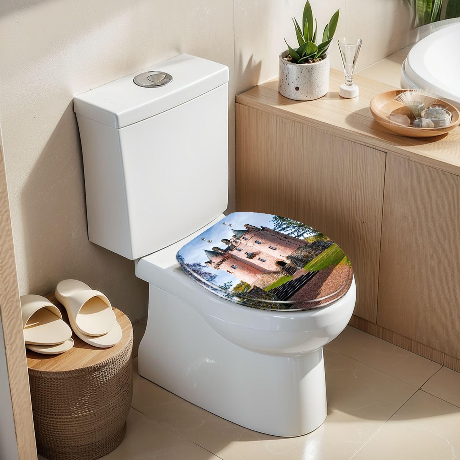 Elongated Toilet Seat Craigievar Castle Aberdeenshire Scotland Resin Toilet Seat Slow Quiet Close Lid with Quick-Release Hinges Cover Bumpers Easy to Clean Install