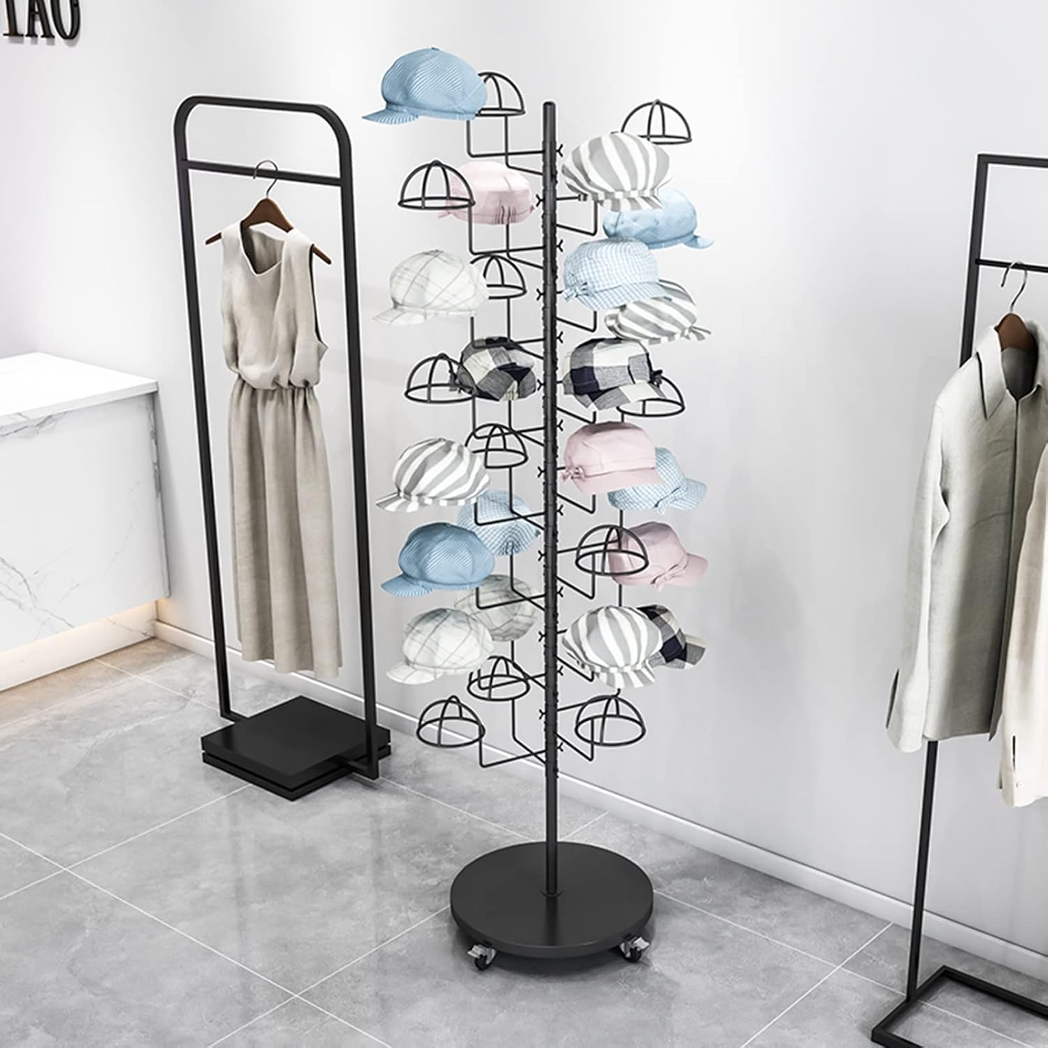 Hat Rack Modern Large Hat Rack Stand 30 Hooks Rolling Standing Retail Display Stand for Baseball Caps/Cowboy Hats/Fedora Hats Easy to Assemble