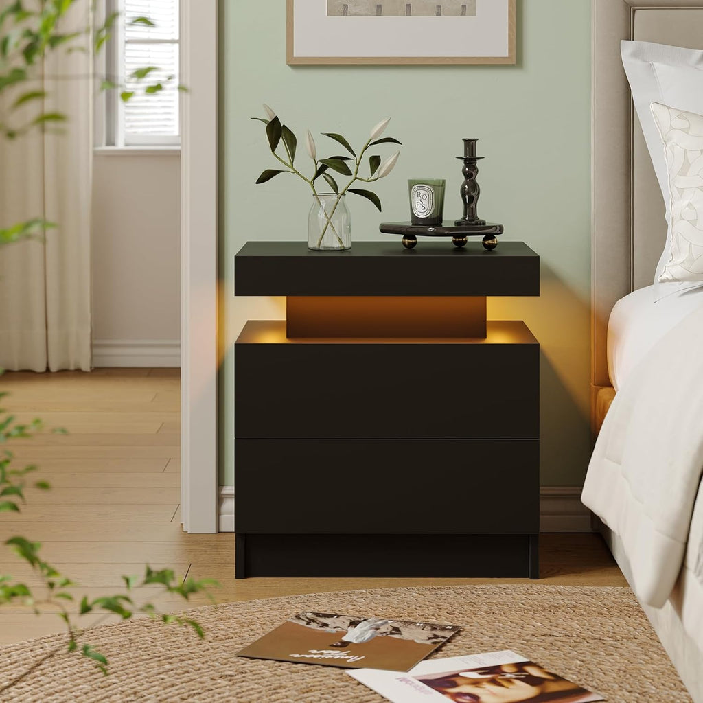 Cubehom Nightstands Set of 2, Bedside Tables with LED Lights, Night Stands with 2 Wood Drawers, End Tables Set of 2 for Living Room/Bedroom