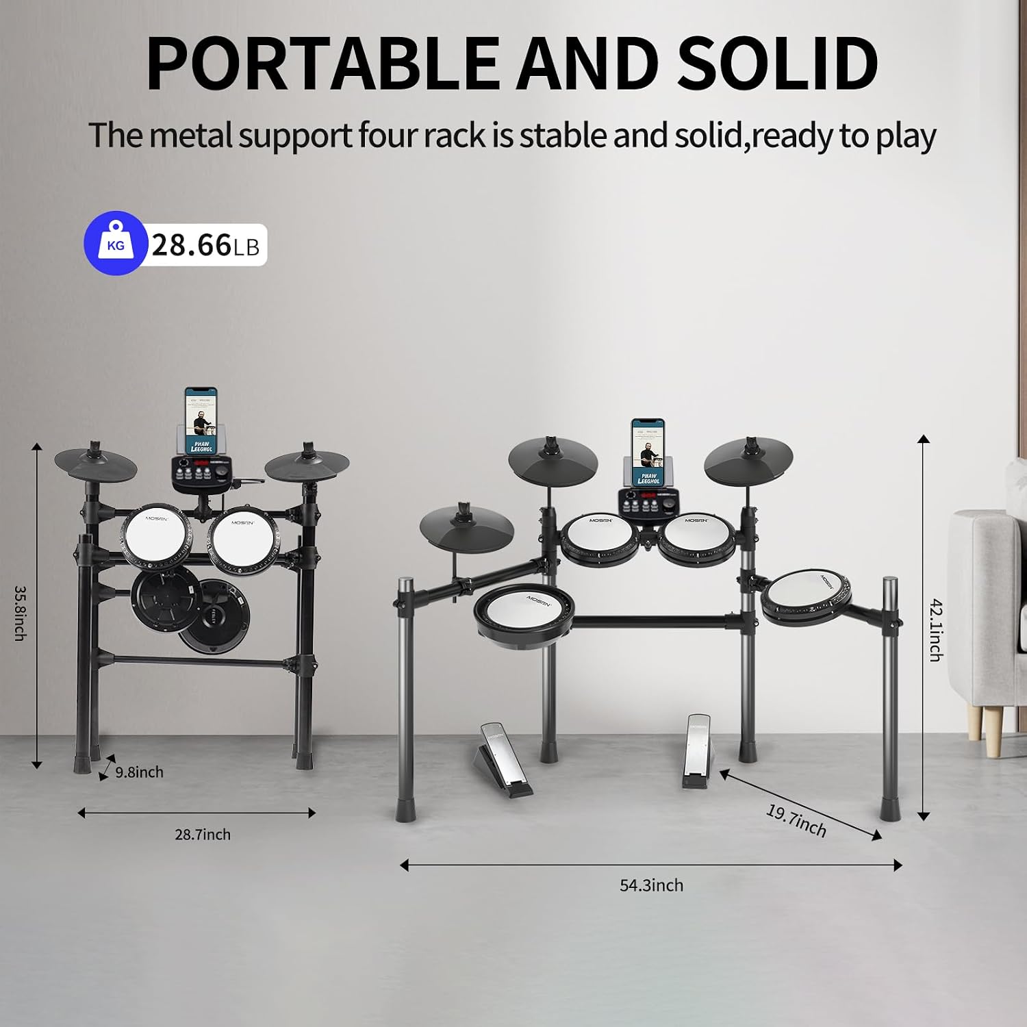 MOSEN Electric Drum Set, Quiet Mesh Drum Pads, Dual-Zone Snare, 195+ Sounds, Phone Holder, Sticks, Headphones, USB MIDI, 2 Pedals, 25 Electronic Drums Kit for Beginner, MED-X3S