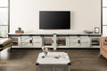 WAMPAT Farmhouse TV Stand for 100 Inch TV with Sliding Barn Door, Set of Two Modern Wood Entertainment Center with Storage Cabinets, Media Console Table for Living Room Bedroom，Antique White