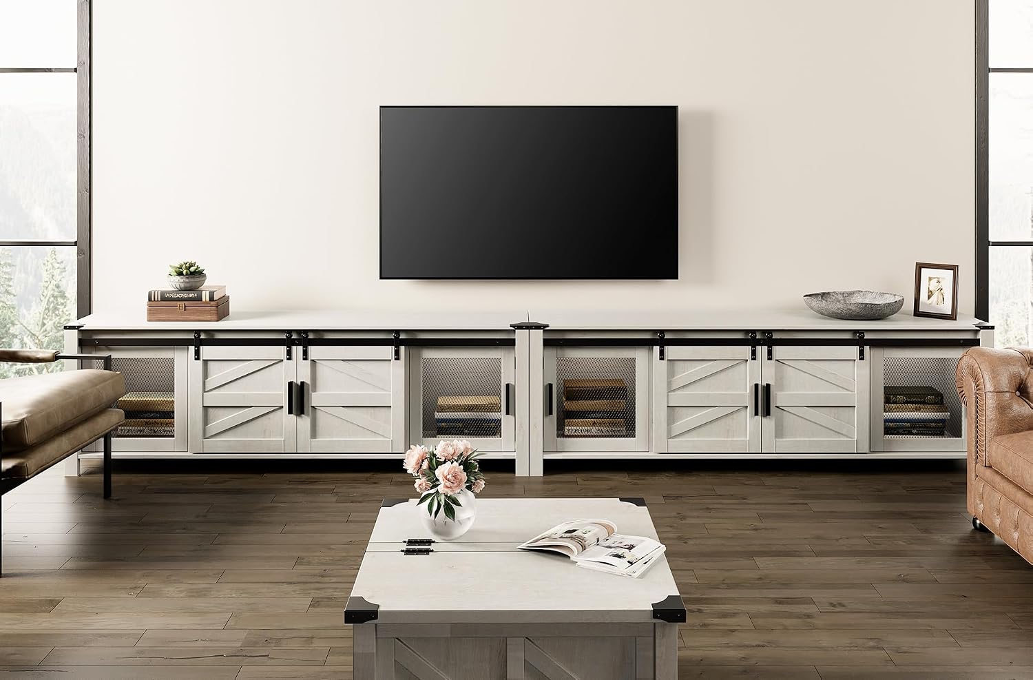 WAMPAT Farmhouse TV Stand for 100 Inch TV with Sliding Barn Door, Set of Two Modern Wood Entertainment Center with Storage Cabinets, Media Console Table for Living Room Bedroom，Antique White