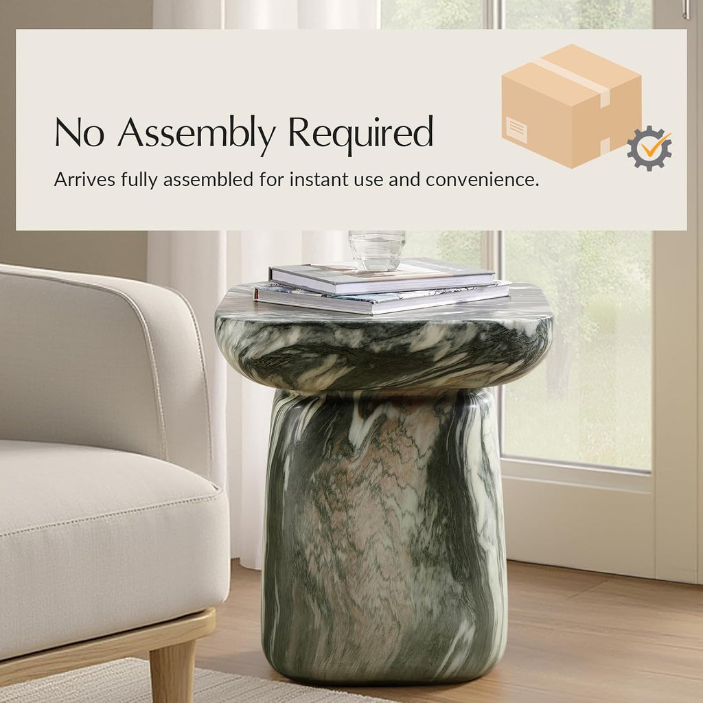 HULALA HOME Modern Concrete Side Table, Marble Stone End Table, Elegant Minimalist Pedestal Accent Table, Small Round Nightstand for Bedside & Sofa Side, Fully Assembled, Green