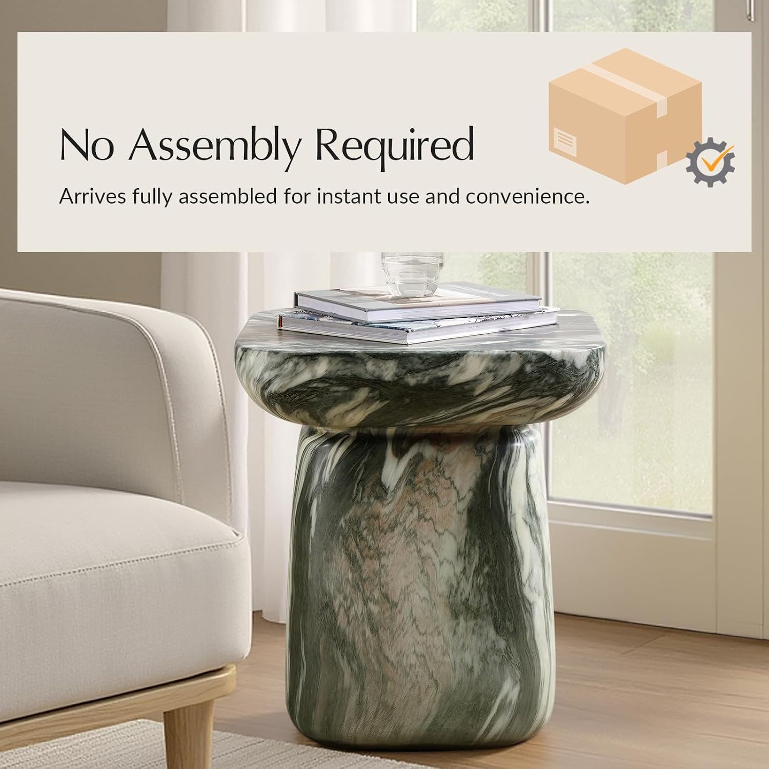 HULALA HOME Modern Concrete Side Table, Marble Stone End Table, Elegant Minimalist Pedestal Accent Table, Small Round Nightstand for Bedside & Sofa Side, Fully Assembled, Green