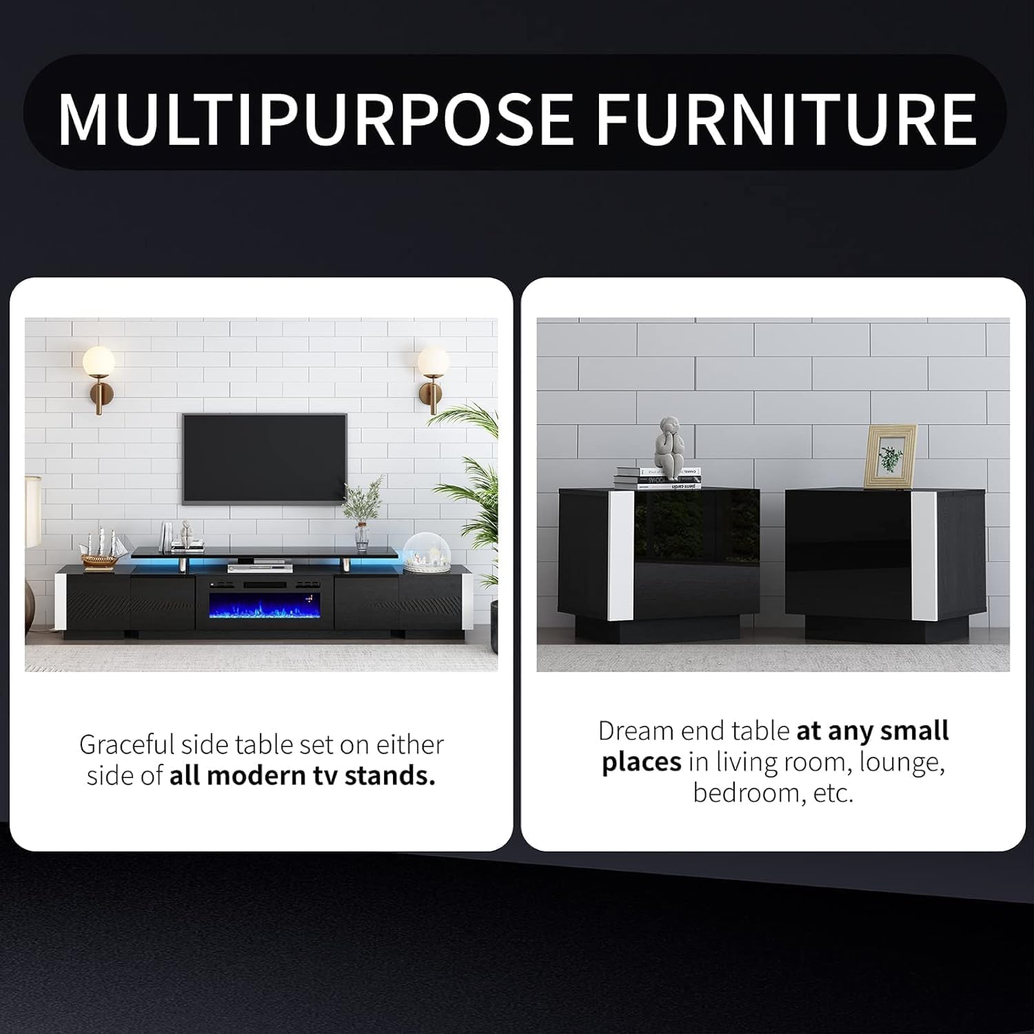 AMERLIFE 2PCS Entertainment Center Side Table Set with Storage, Modern High Gloss End Tables with 2 Cabinet Doors, for Living Room/Bedroom/Office, Black