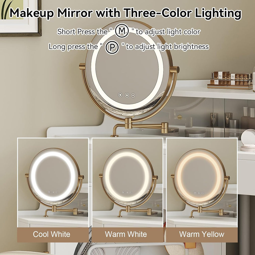 Merax Corner Vanity Desk with Mirror and Lights, 55.9' L Makeup Vanity Set with Side Storage Cabinet and Stool, Dressing Table with Small Sliding Glass Door, Drawer and Display Shelf, White