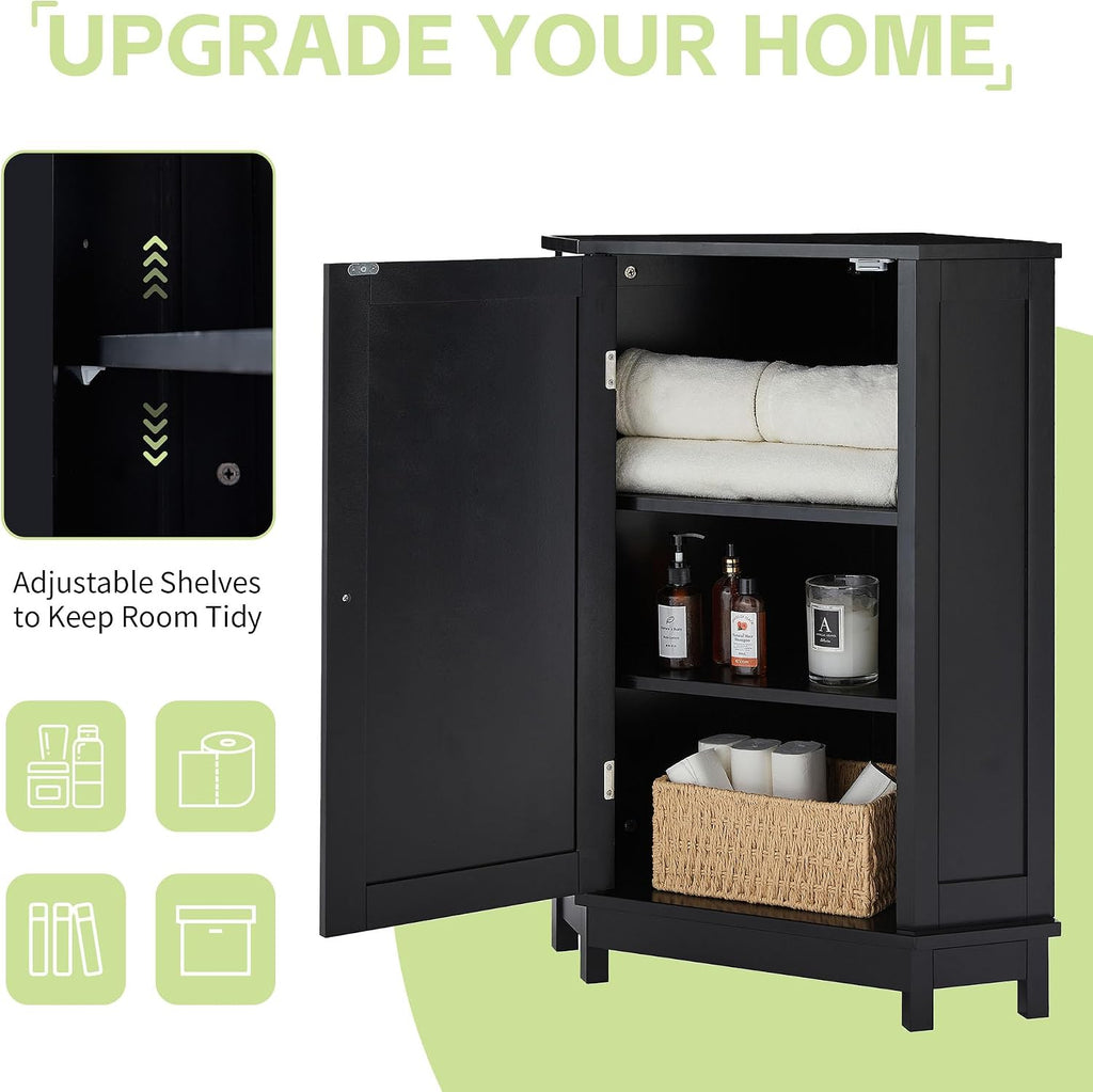 Floor Corner Cabinet with Doors and Adjustable Shelves, Freestanding Bathroom Corner Storage Cabinet for Bathroom, Living Room (1 Door, Black)