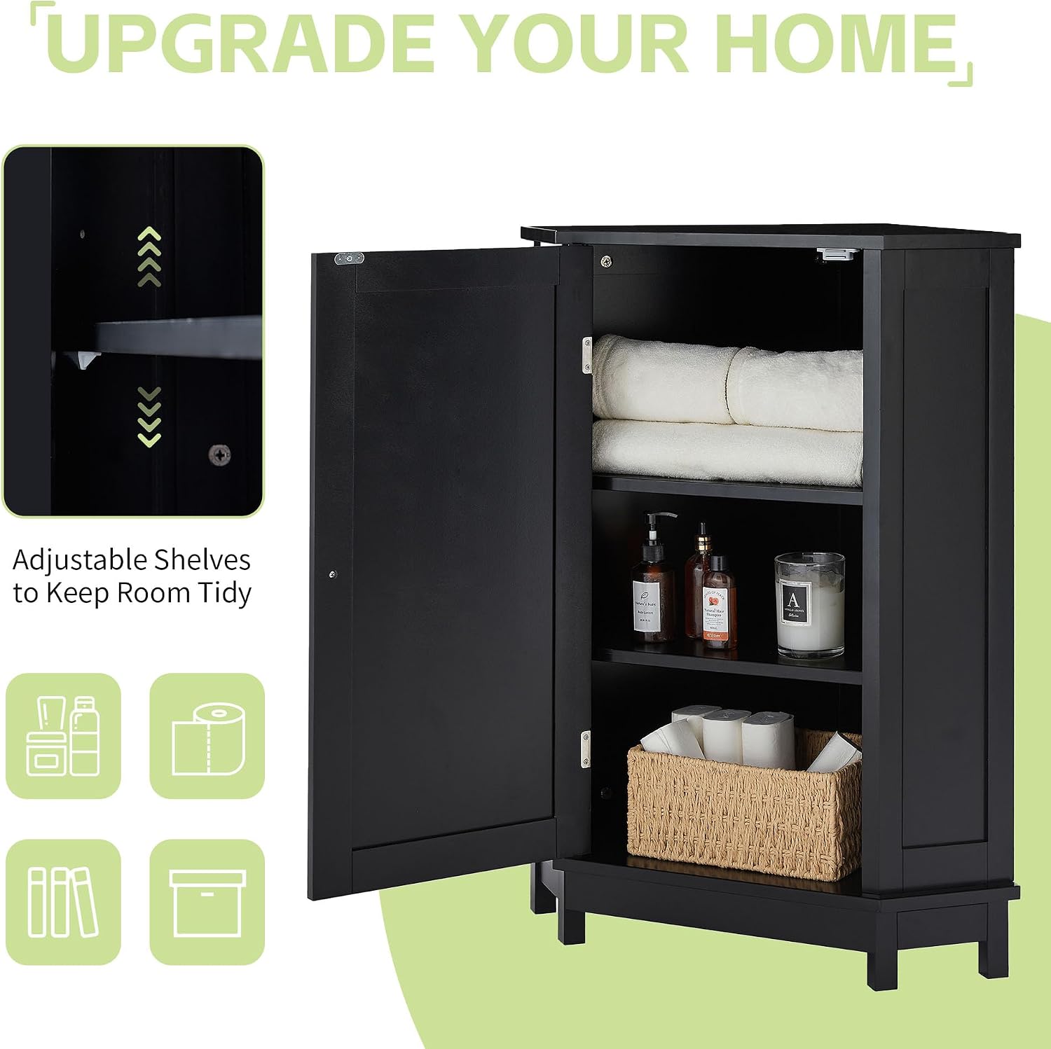 Floor Corner Cabinet with Doors and Adjustable Shelves, Freestanding Bathroom Corner Storage Cabinet for Bathroom, Living Room (1 Door, Black)