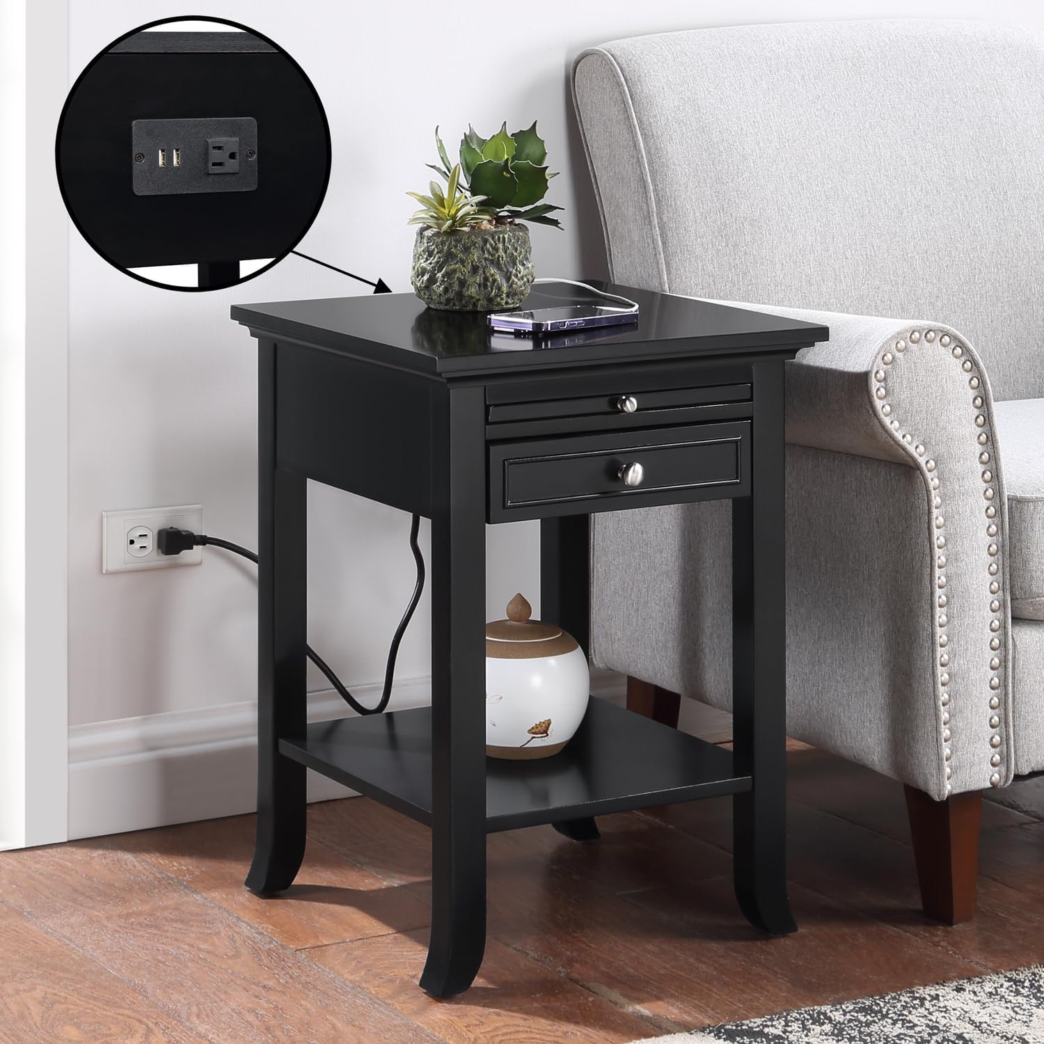 Convenience Concepts American Heritage Logan End Table with USB Ports & AC Outlet 18' - Square Living Room Side Table with Storage Drawer & Pull-Out Shelf, Bedroom Nightstand with Charging, Black