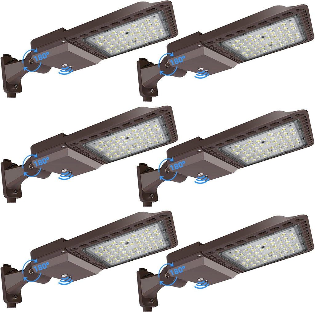 200W LED Parking Lot Light with Adjustable Arm Mount 6 Pack 28,000LM 5000K Commercial Area Street Flood Light with Dusk to Dawn Photocell IP65 Waterproof, ETL Listed for Road, Playing Field