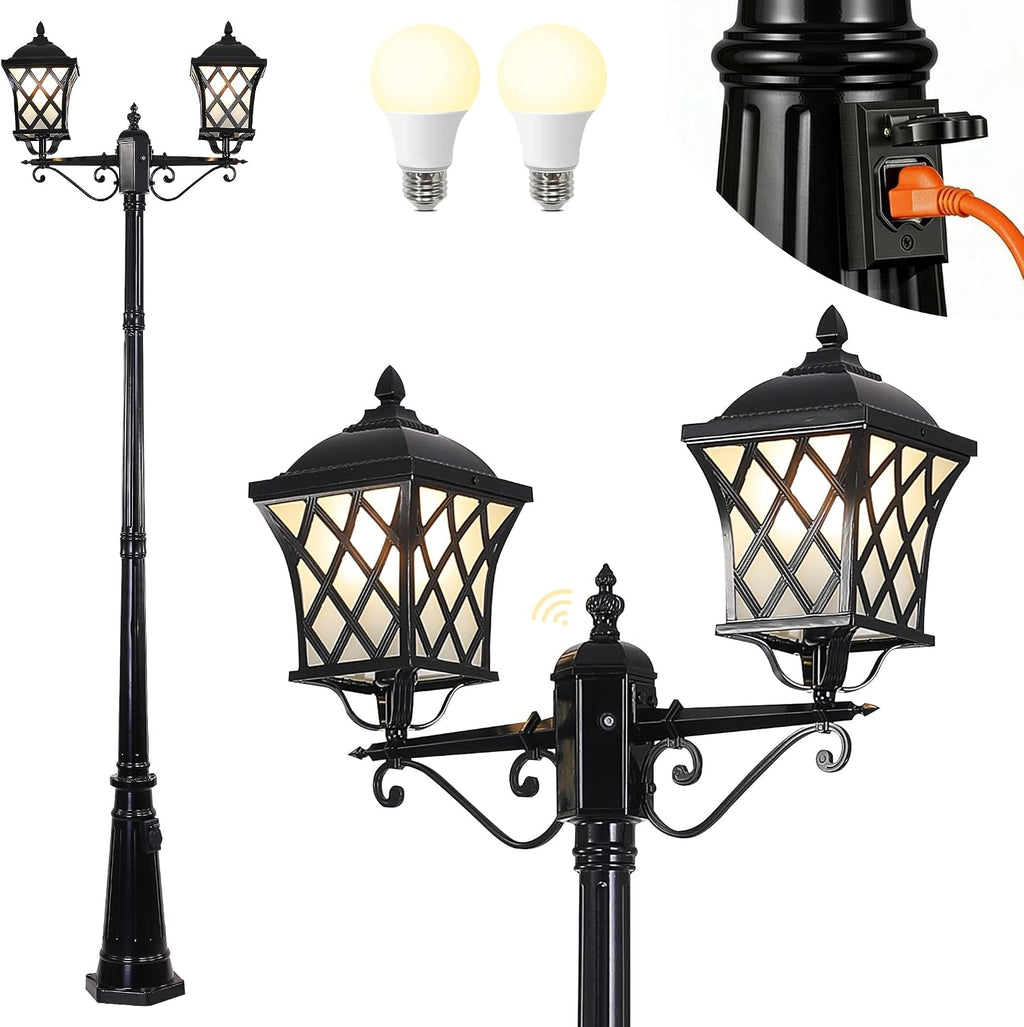 2-Head Outdoor Lamp Post Light with Outlet, 94″ Dusk to Dawn Street Light Pole Waterproof Aluminum Outdoor Post Lights, Black Exterior Lighting for Garden Yard Driveway (2 LED Bulbs Included)