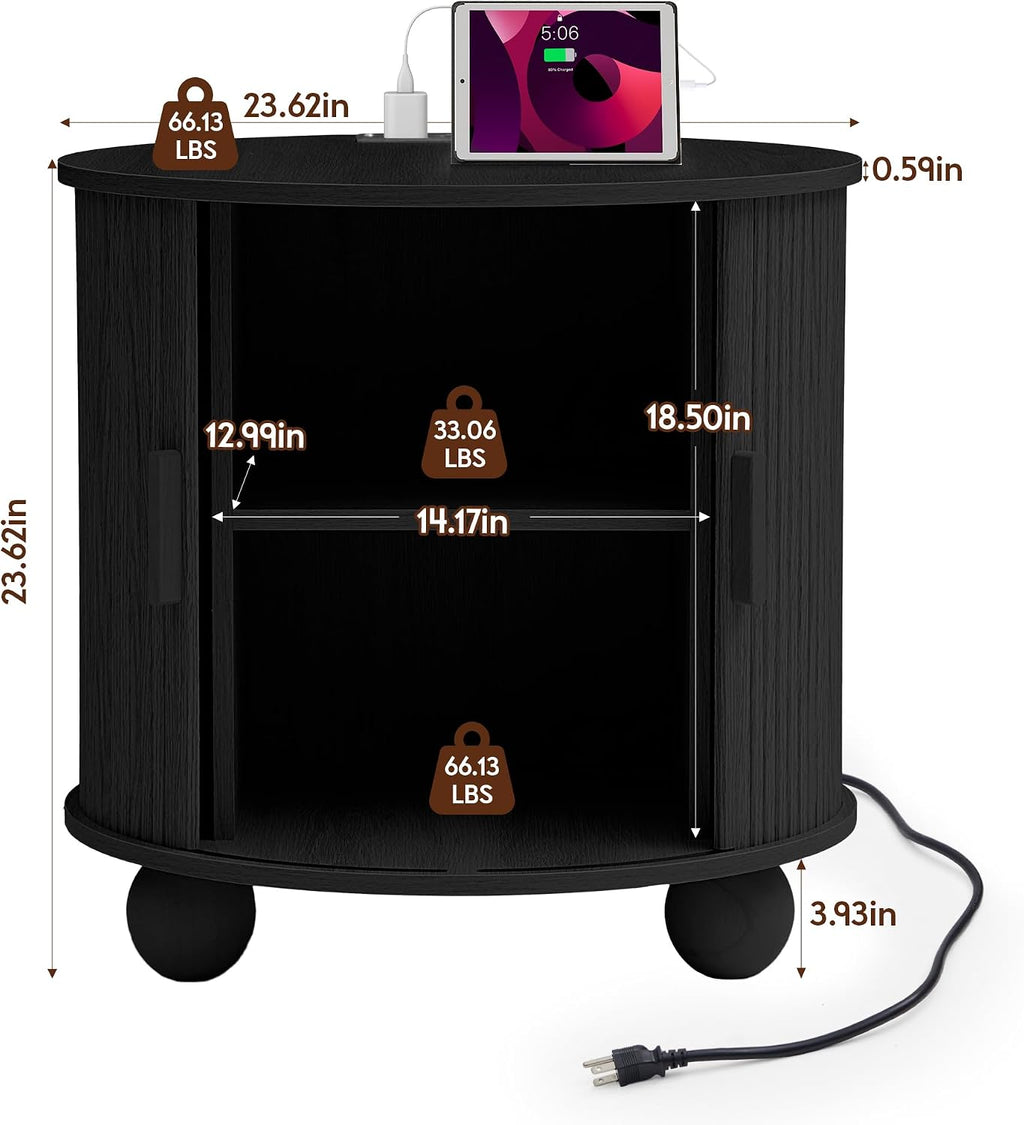 Mid-Century Modern 24' Nightstand with Charging Station, Wood Round End Night Stand End Table with Storage & Sliding Door, Accent Side Tbale for Living Room Bedroom (Round, Black)
