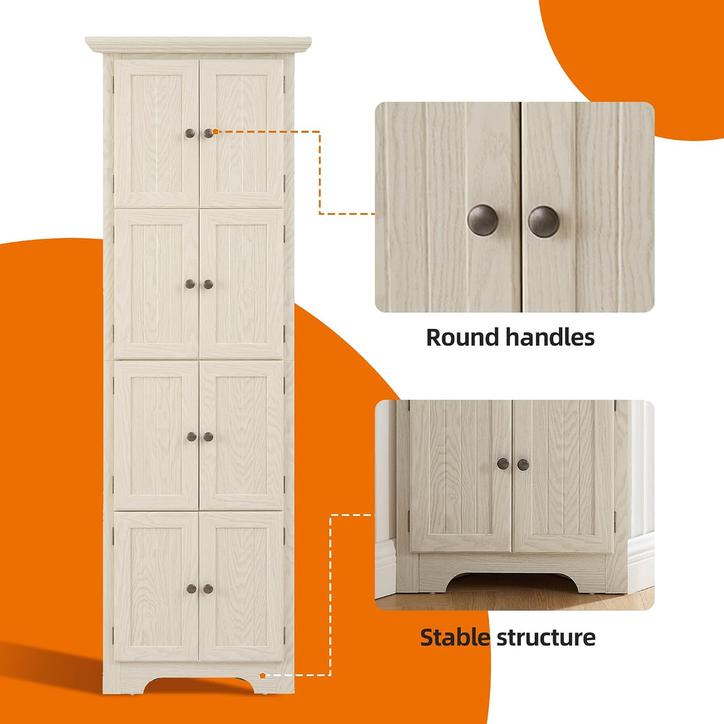 4 Tier Farmhouse Corner Storage Cabinet, 72' H Kitchen Pantry Cabinet with 8 Doors & 4 Shelves, Home Space Saver for Kitchen, Office, Living Room, White