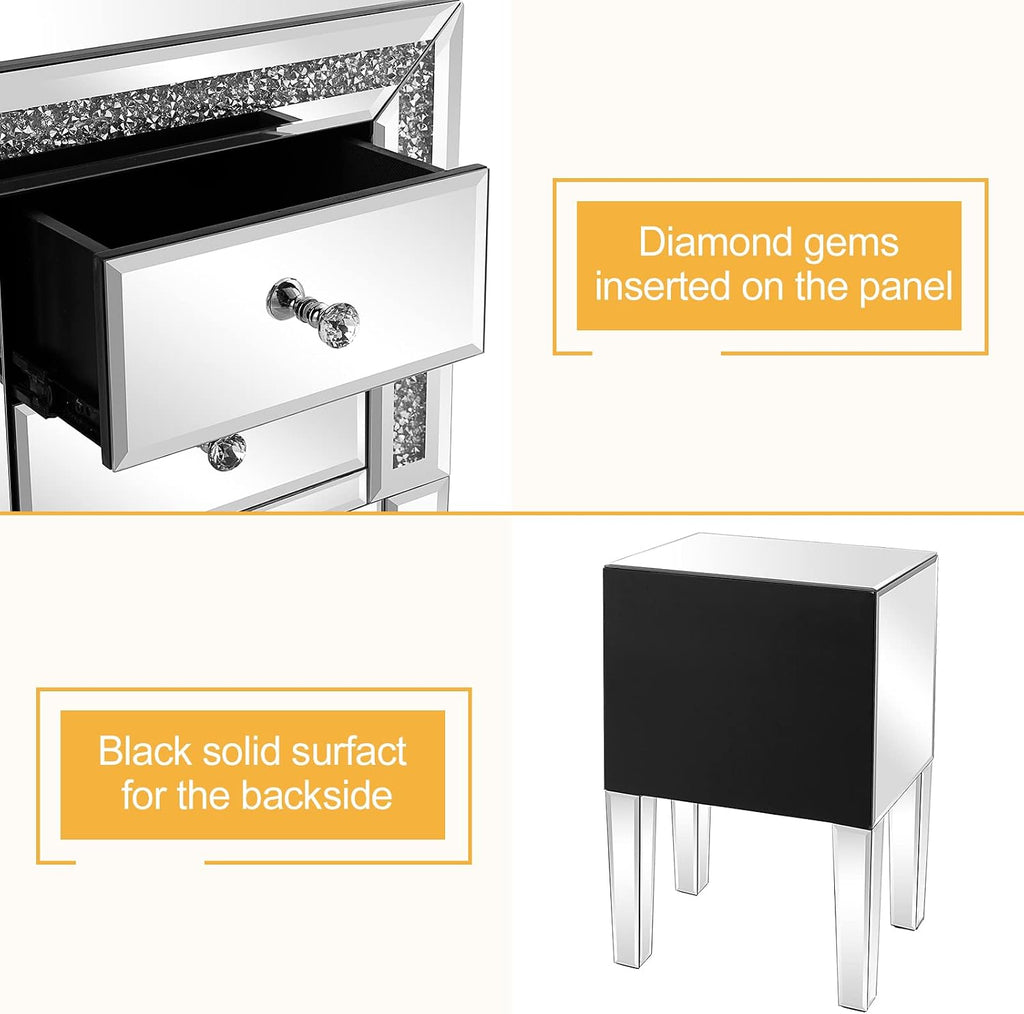 VINGLI Mirrored Nightstand Set of 2 Silver Glass Sofa/Couch Side Tables Bedroom End Tables with Storage, 24.8 inch Tall