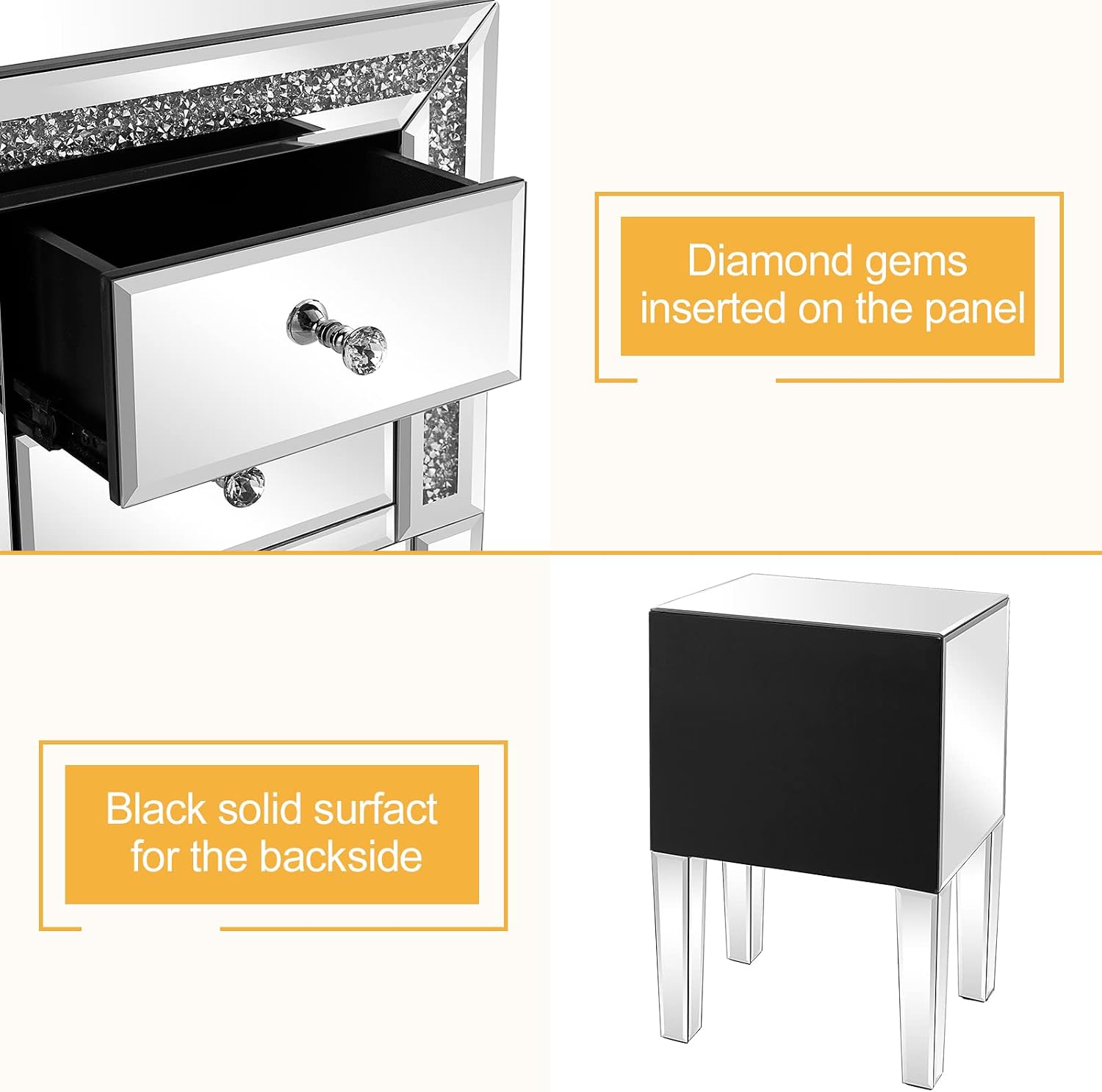 VINGLI Mirrored Nightstand Set of 2 Silver Glass Sofa/Couch Side Tables Bedroom End Tables with Storage, 24.8 inch Tall