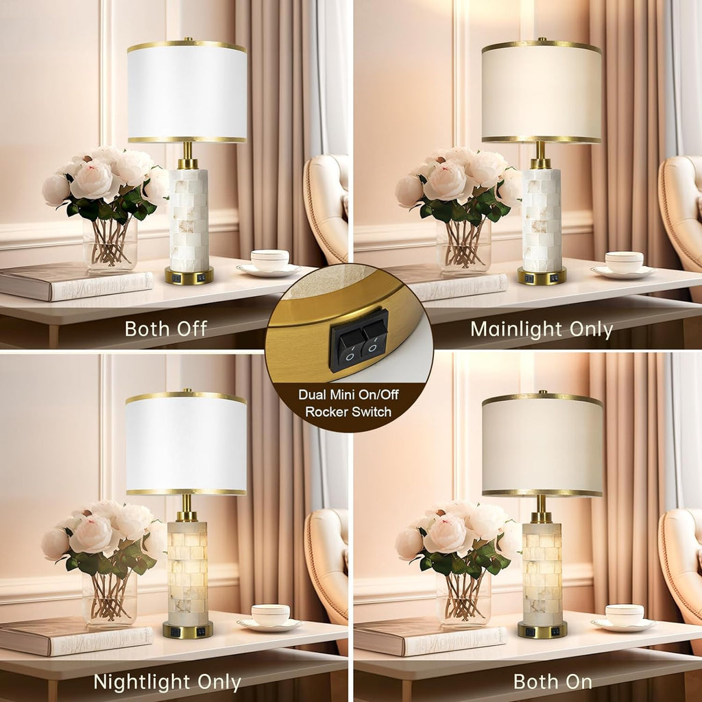 KIVDITZO 27' Alabaster Table Lamps Set of 2, Lamps for Living Room Bedroom,Bedside Lamps with Night Light,Nightstand Lamp with USB A+C Ports,Modern Table Lamp with Linen Shade (Bulbs Included)
