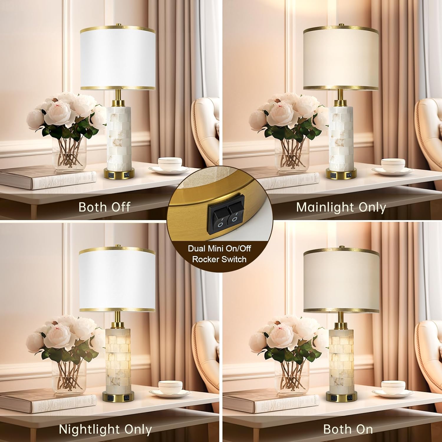 KIVDITZO 27' Alabaster Table Lamps Set of 2, Lamps for Living Room Bedroom,Bedside Lamps with Night Light,Nightstand Lamp with USB A+C Ports,Modern Table Lamp with Linen Shade (Bulbs Included)