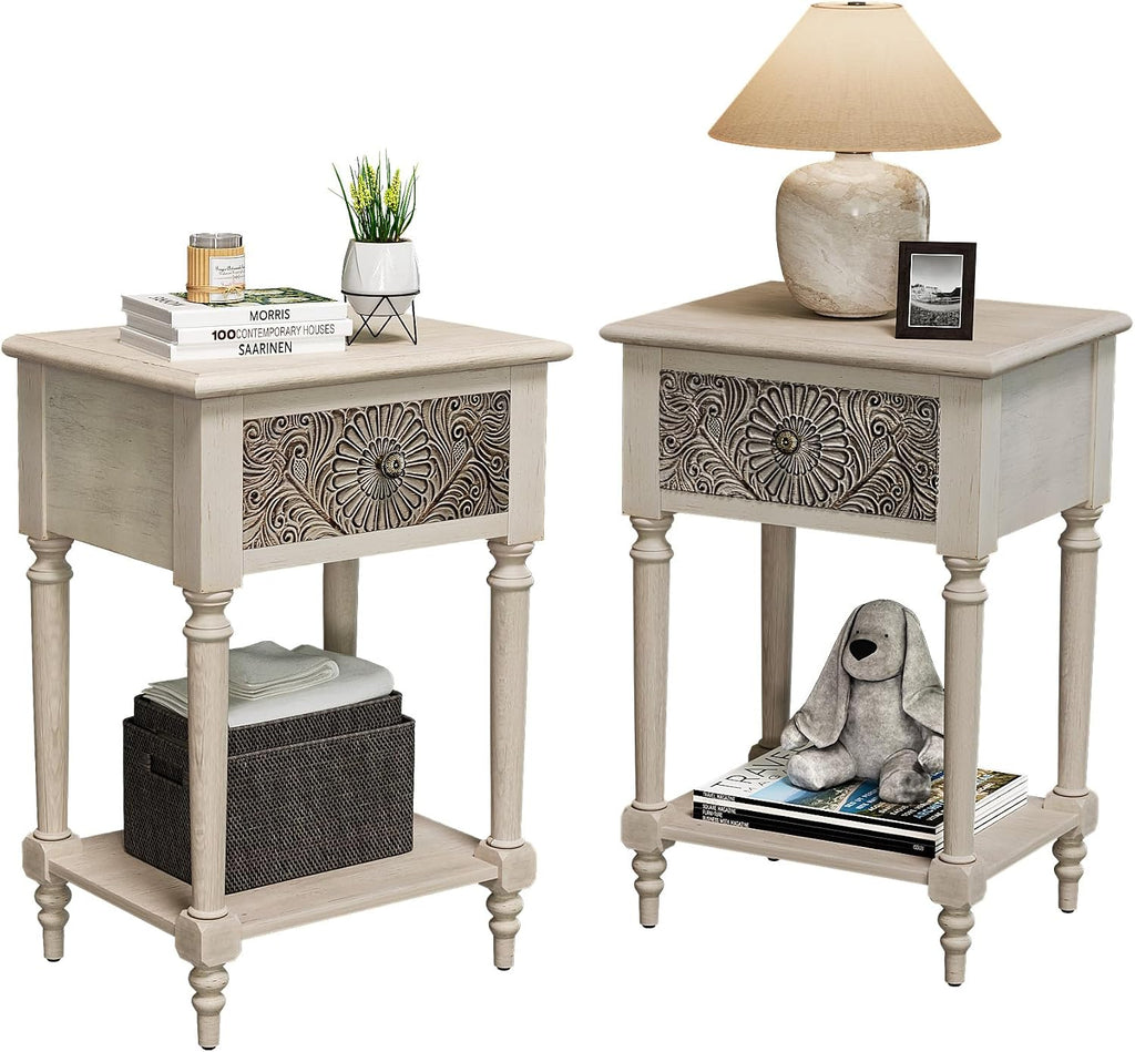 SUNBURY Vintage Nightstand Set of 2, Wood Small Bedside Table with Drawer and Open Shelf, Shabby Accent End Side Table for Living Room, Bedroom