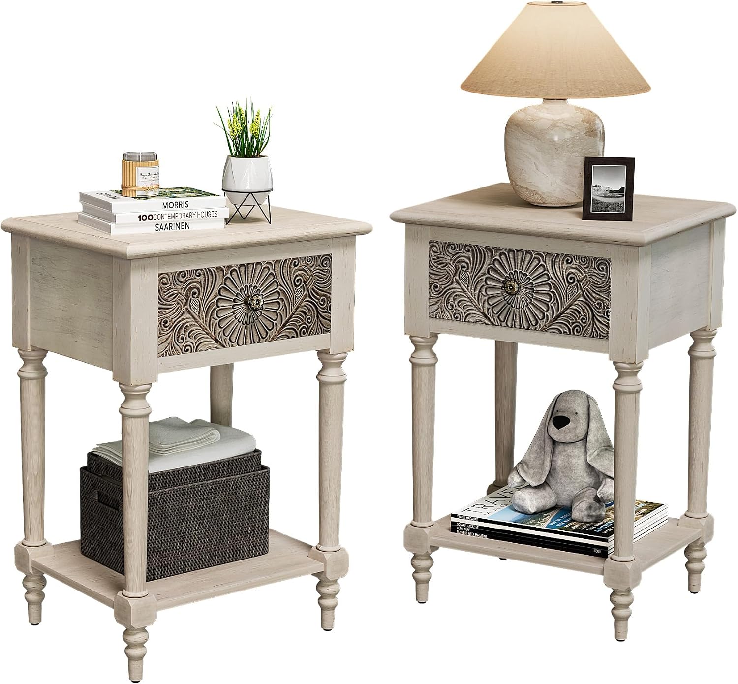SUNBURY Vintage Nightstand Set of 2, Wood Small Bedside Table with Drawer and Open Shelf, Shabby Accent End Side Table for Living Room, Bedroom