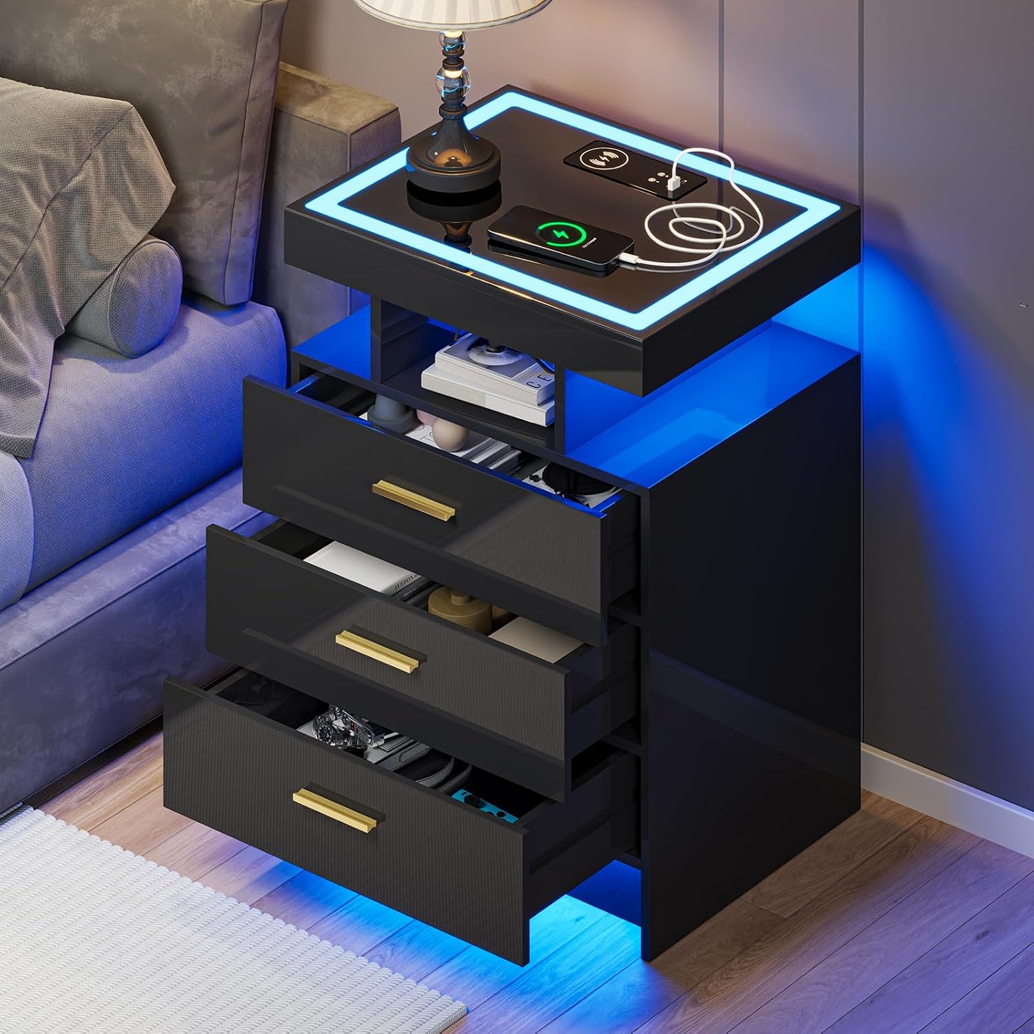 Black Night Stand with Wireless Charging Station,Smart Bedside Table with 3 Drawers,Modern Glass Top End Side Table with 3 Color Dimmable,LED Nightstand for Bedroom