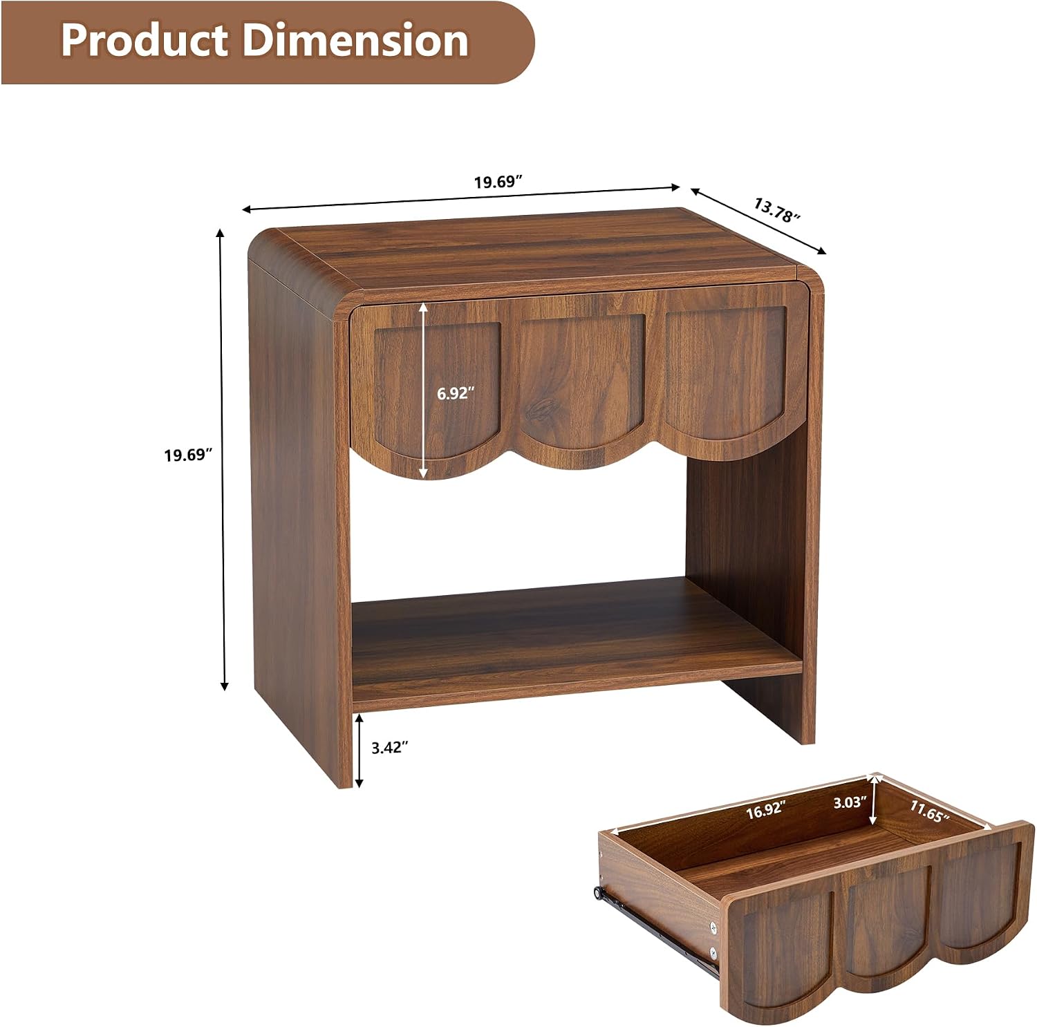 Small Night Stand Set of 2, Mid Century Modern Farmhouse Wood Nightstand with Wave Panel Drawer, Bed Side End Table for Small Space, Living Room - Walnut
