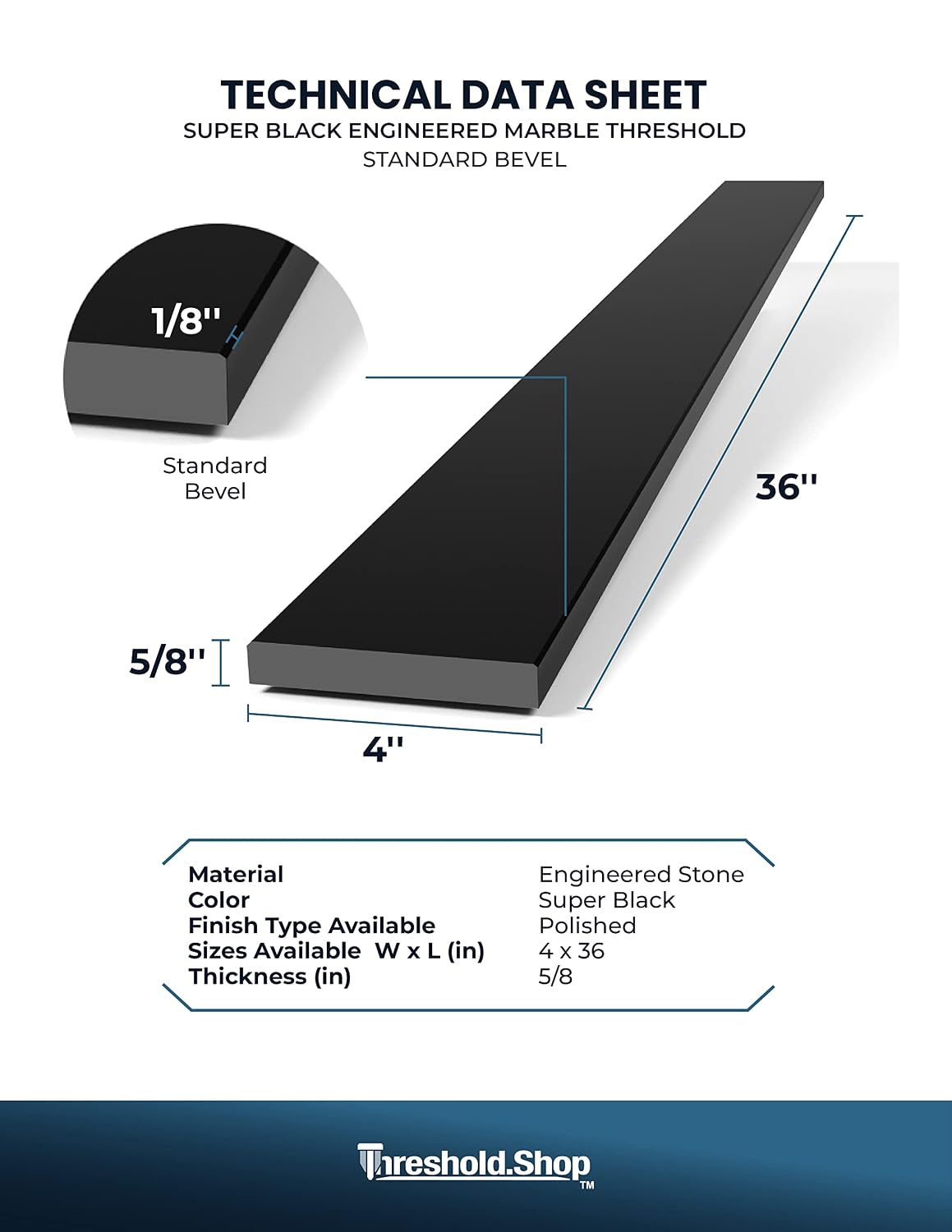 Super Black Engineered Marble Threshold for Shower Curb, Bathroom Vanity Backsplash, Window Sill, Door Transitions (4' x 36')