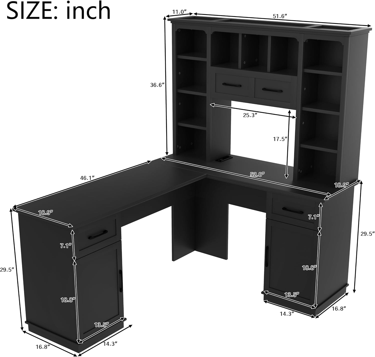 Versatile L-Shaped Computer Desk with 2 Cabinets and 2 Drawers, Power Outlet,11 Open Shelves and 1 Right Flip Shelf,for Study Living Room Office (Black#Drawers)