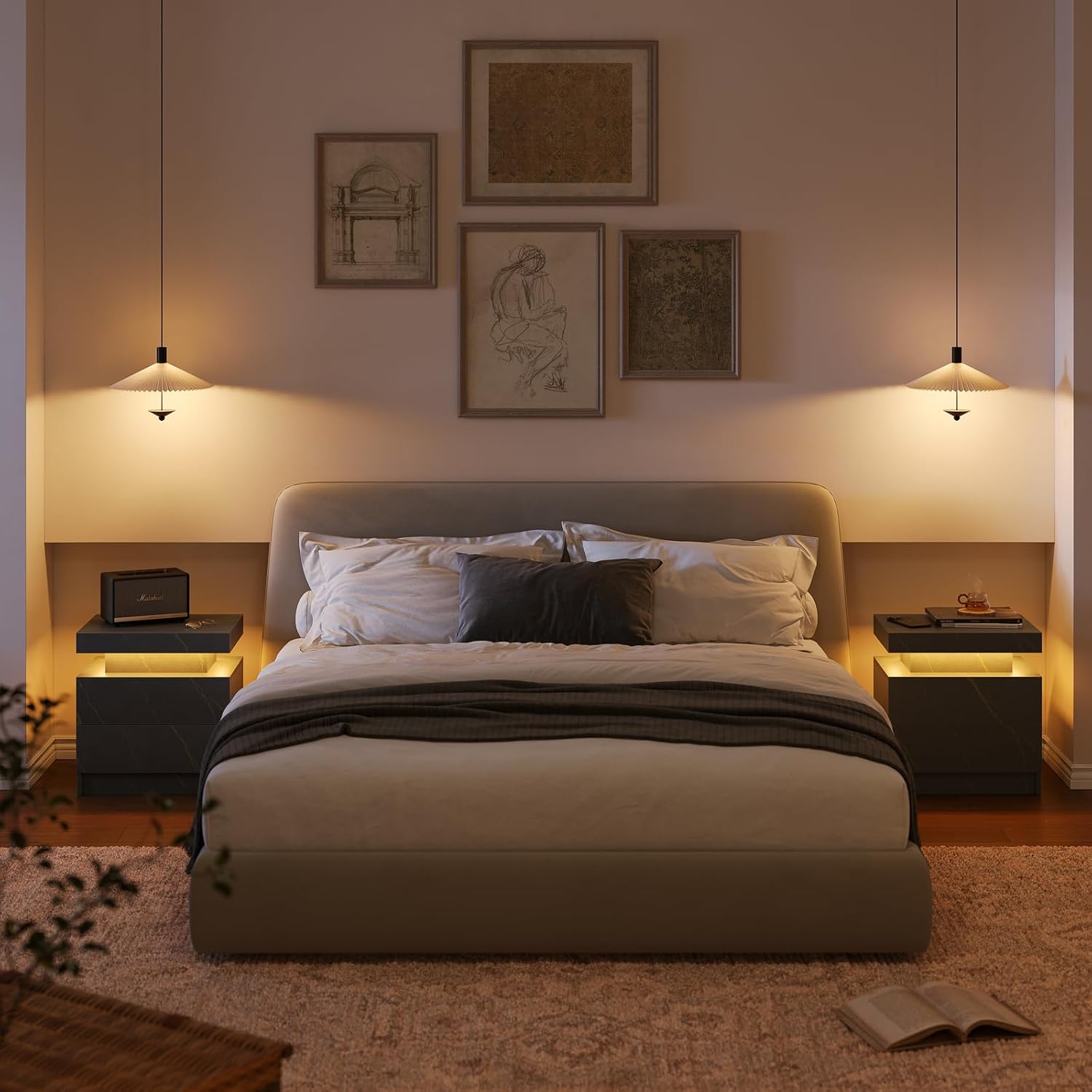 Cubehom Nightstands Set of 2, Bedside Tables with LED Lights, Night Stands with 2 Wood Drawers, End Tables Set of 2 for Living Room/Bedroom