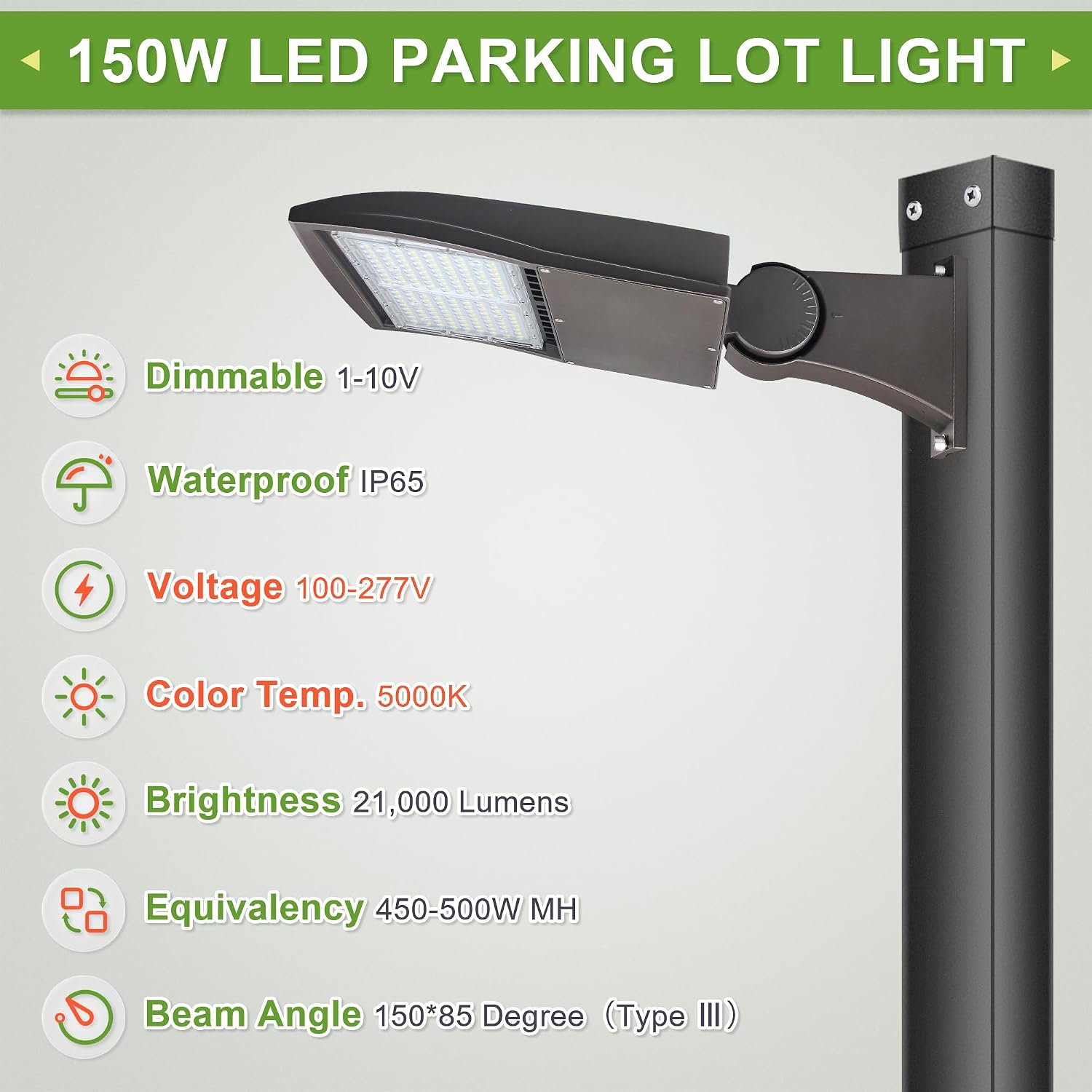 150W LED Shoebox Light, Surge Protection Built-in LED Parking Lot Area Light, 450W MH Equiv. LED Street Road Lamps with Direct Pole Arms Mount, 1-10V Dimmable, UL Listed 5000K 100-277VAC