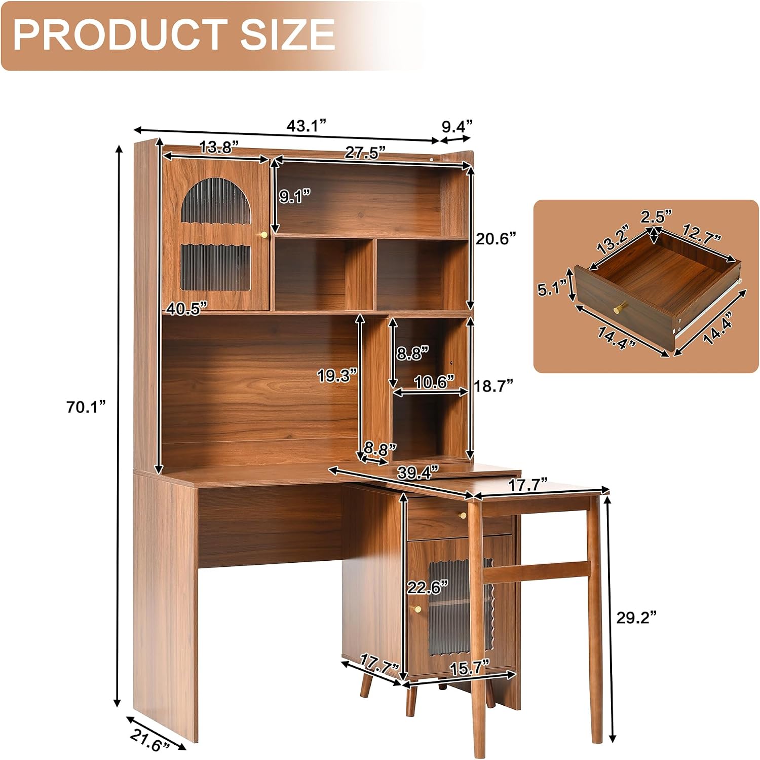 L Shaped Home Office Desks with 90° Rotating Retractable Desktop, Glass Door, Hutch, Drawers, Bookshelf & Storage Shelves, 43' Modern Gaming Computer Corner Table for Work, Study, Writing, Walnut