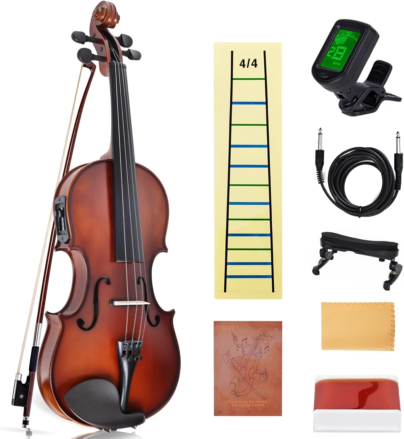 Electric/Acoustic Violin with Ebony Accessories - Perfect for Stage & Practice with Carrying Case, Violin Bow, Bridge, Shoulder Rest, Stickers, Tuner, Instruction, Handcraft with Maple, Spruce