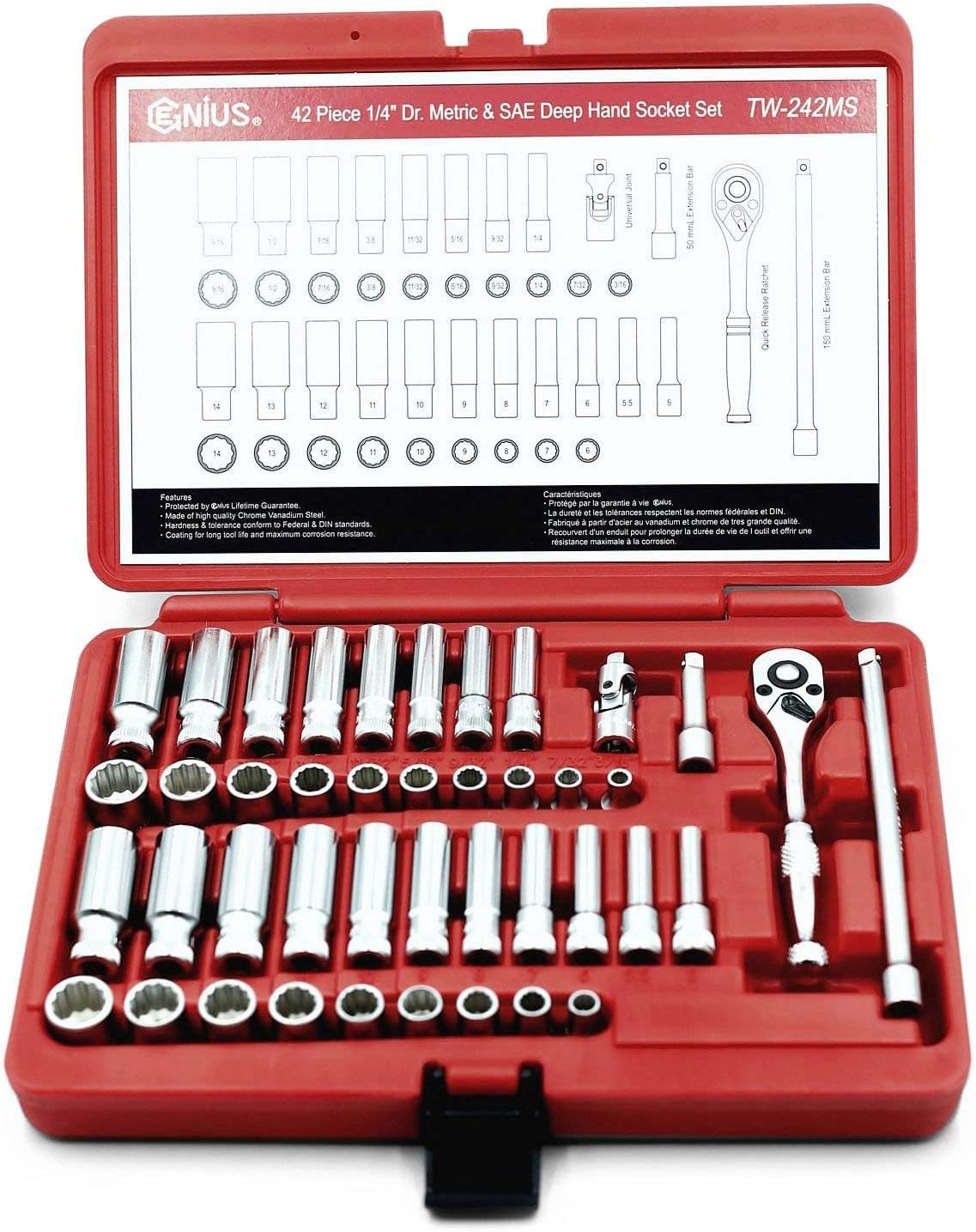 Genius Tools 42PC 1/4' Dr. Metric & SAE Deep Hand Socket Set (12-Point) - TW-242MS