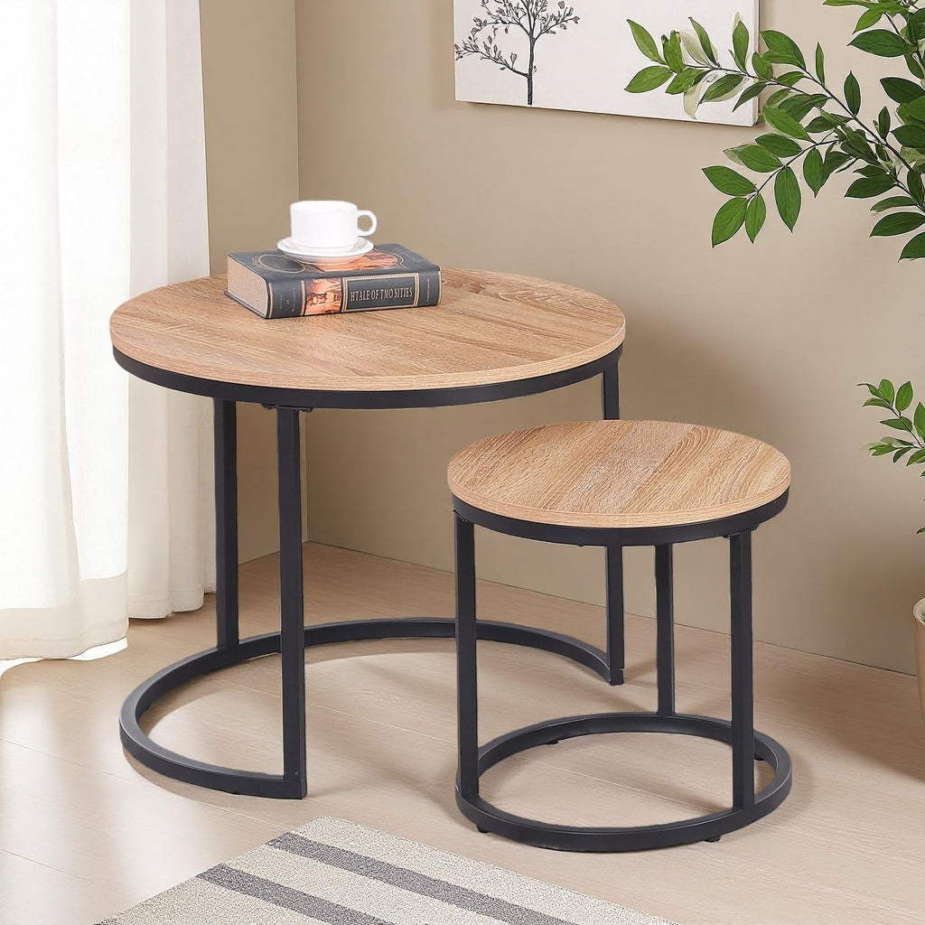 CENSI 24' Round Nesting Coffee Table, Accent Table, Natural Oak, Light Wooden Finish, Space-Saving, Modern Industrial Style
