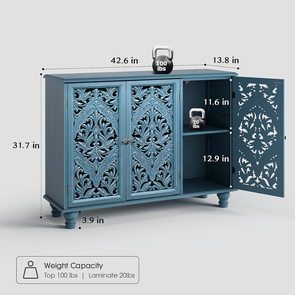 JOINICE Accent Cabinet with 3 Carved Doors, Distressed Blue Sideboard Buffet with Storage & Solid Wood Legs, 43' Vintage Console Table for Living Room, Entryway, Coffee Bar, Hallway