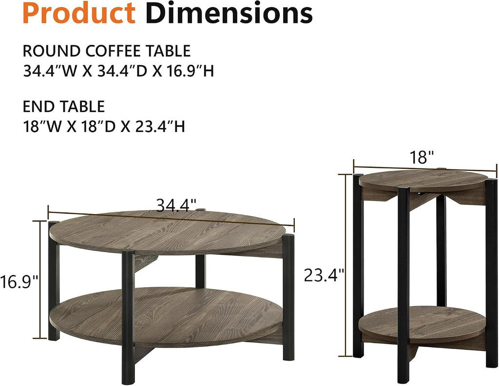 Round Coffee Table Set of 2, 34.4' Modern Wood Coffee Table and Side Table, Sturdy X-Brace Frame, 2 Piece Coffee Table for Living Room, Home Office
