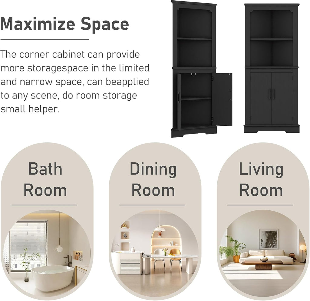DOFFO Tall Bathroom Corner Cabinet, 69.3'H Freestanding Corner Storage Cabinet with 2 Doors and Open Shelves, Bathroom Floor Storage Display Organizer for Living Room, Dining Room and Kitchen (Black)