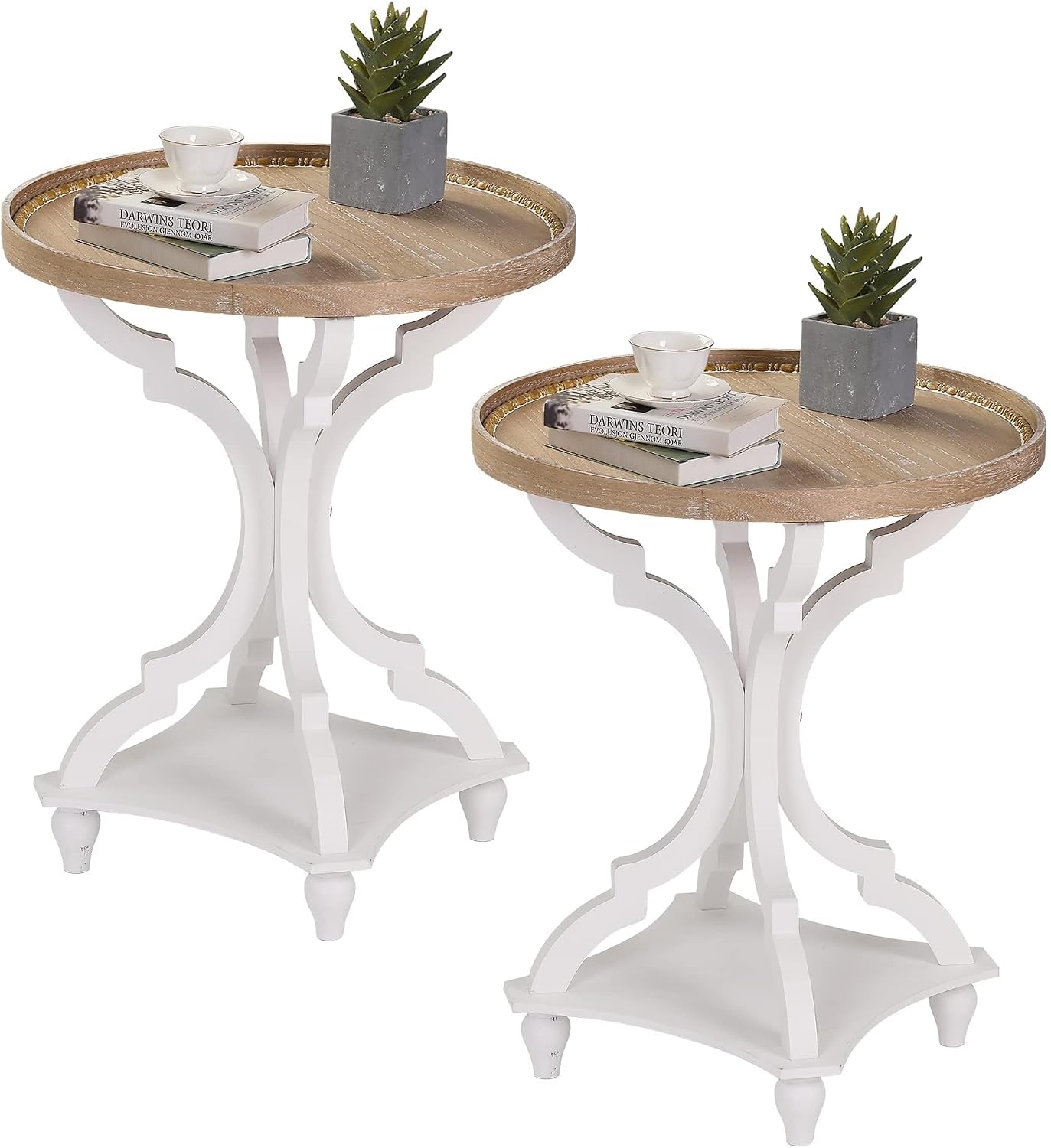 Wnutrees Farmhouse Round Accent End Table, Rustic Side Table Nightstands for Living Room, Wood Tray Top, Handcrafted Finish, Set of 2, White