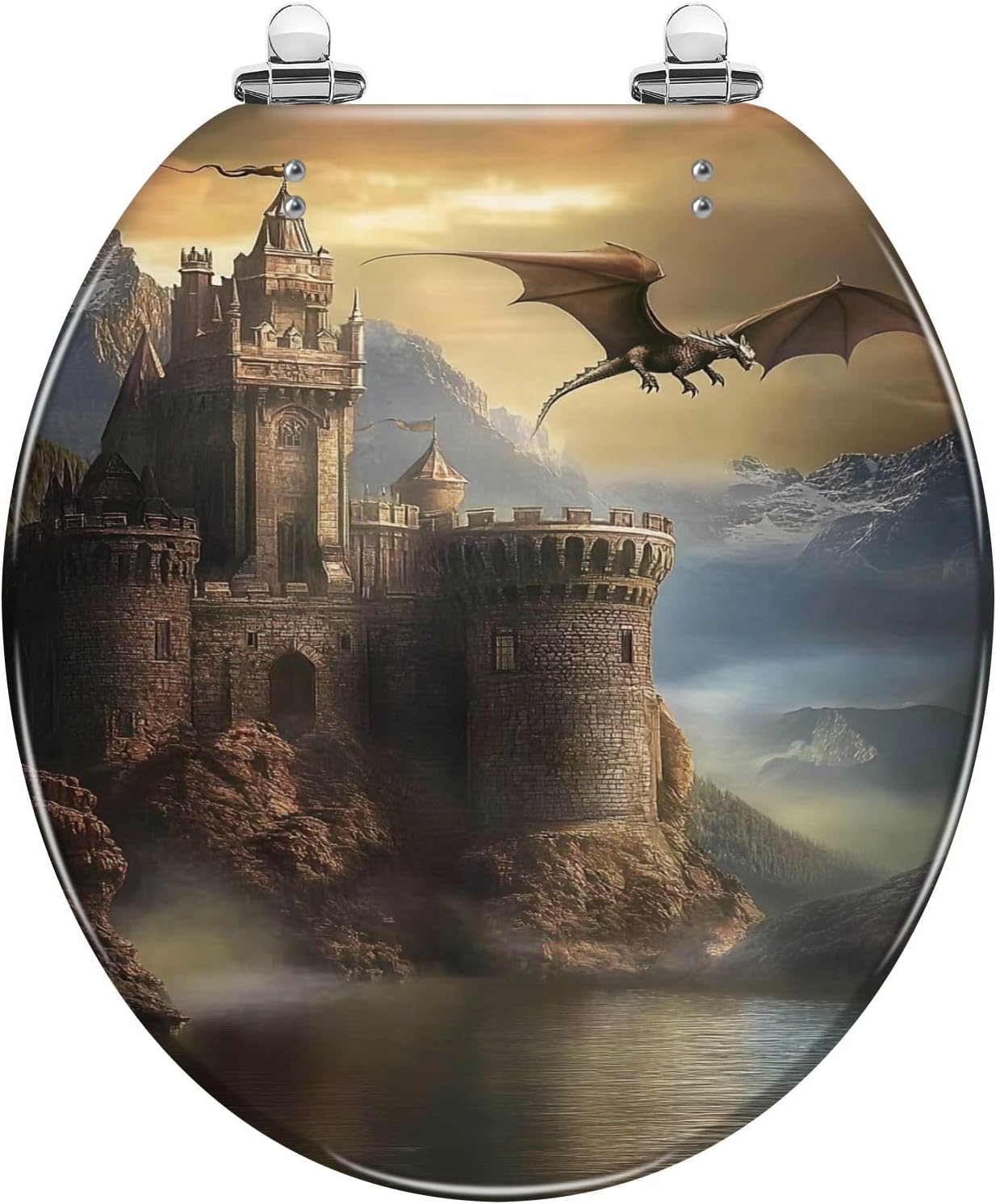 Round Toilet Seat Fantasy castle dragon Resin Toilet Seat Slow Quiet Close Lid with Quick-Release Hinges Cover Bumpers Easy to Clean Install